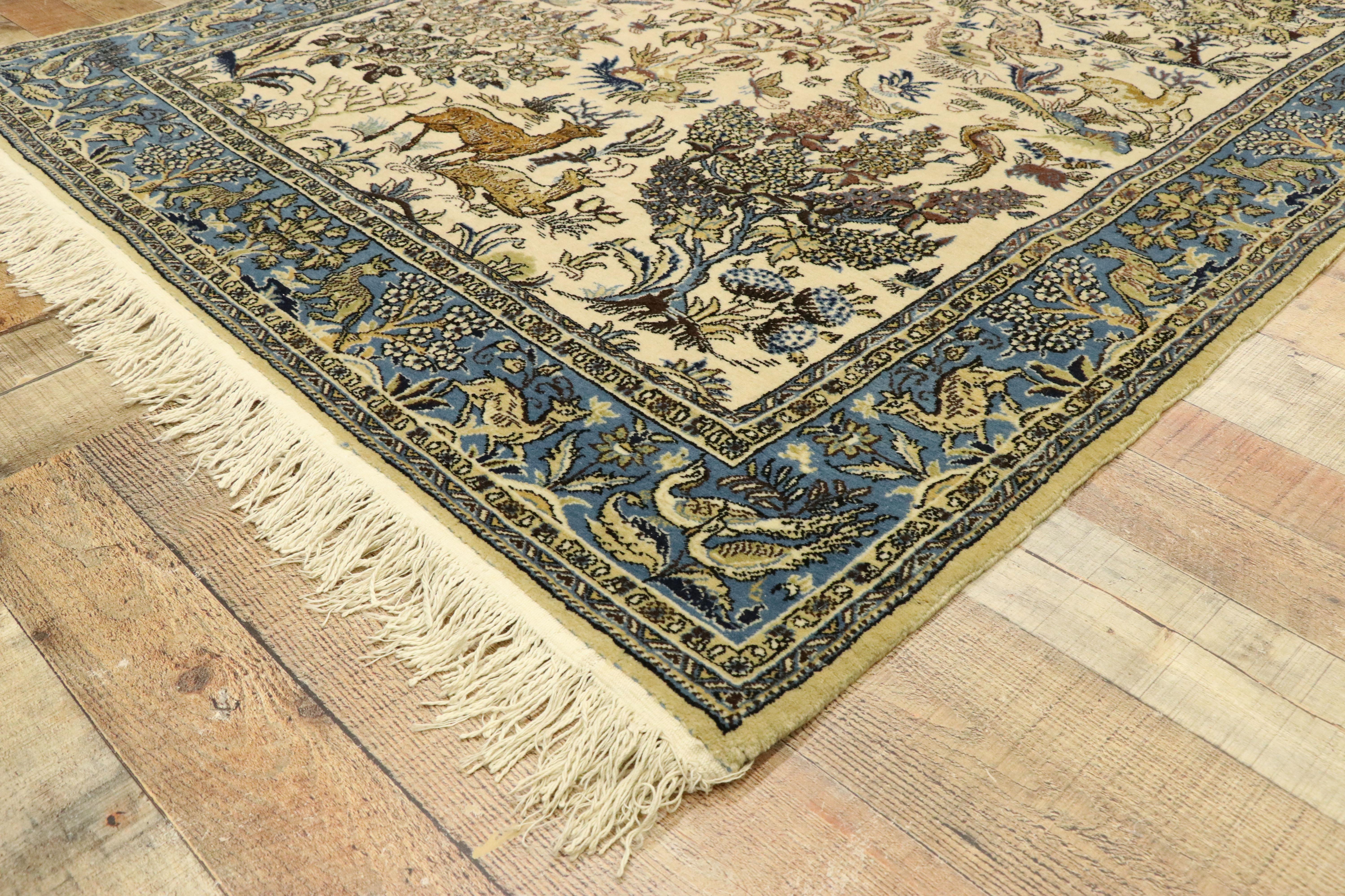 20th Century Vintage Persian Qum Rug with Botanical Hunting Scene For Sale