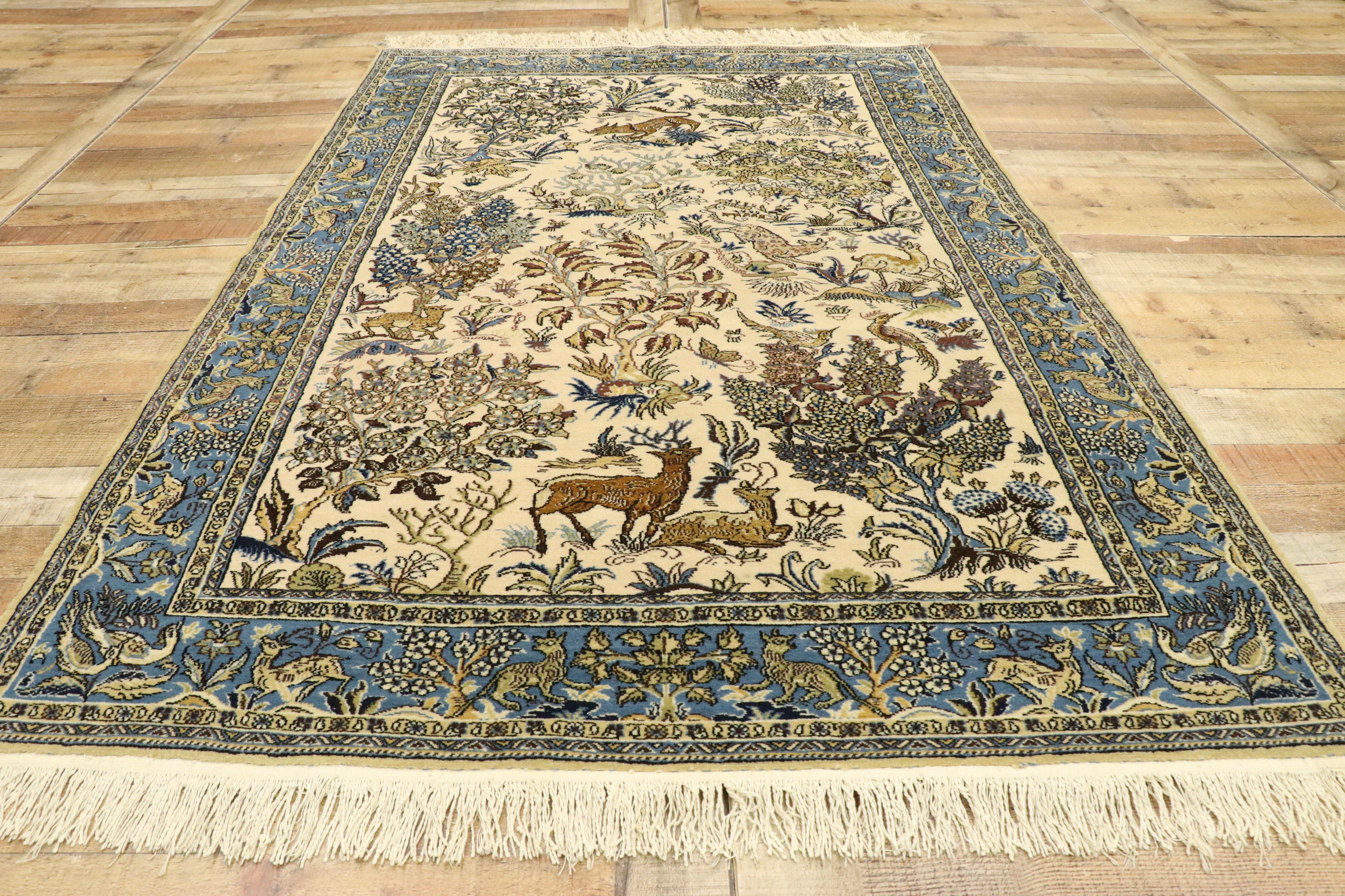 Wool Vintage Persian Qum Rug with Botanical Hunting Scene For Sale