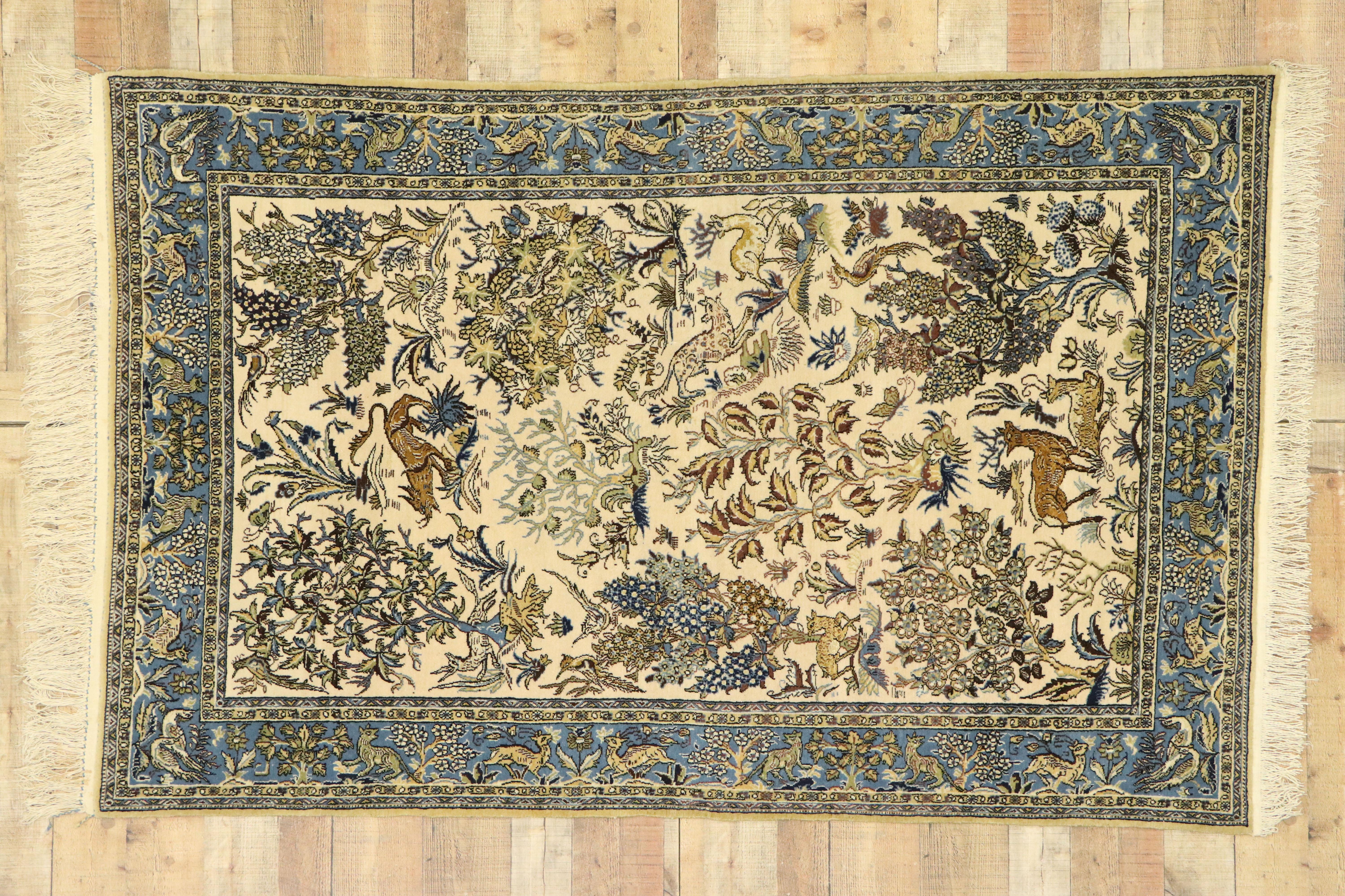 Vintage Persian Qum Rug with Botanical Hunting Scene For Sale 1