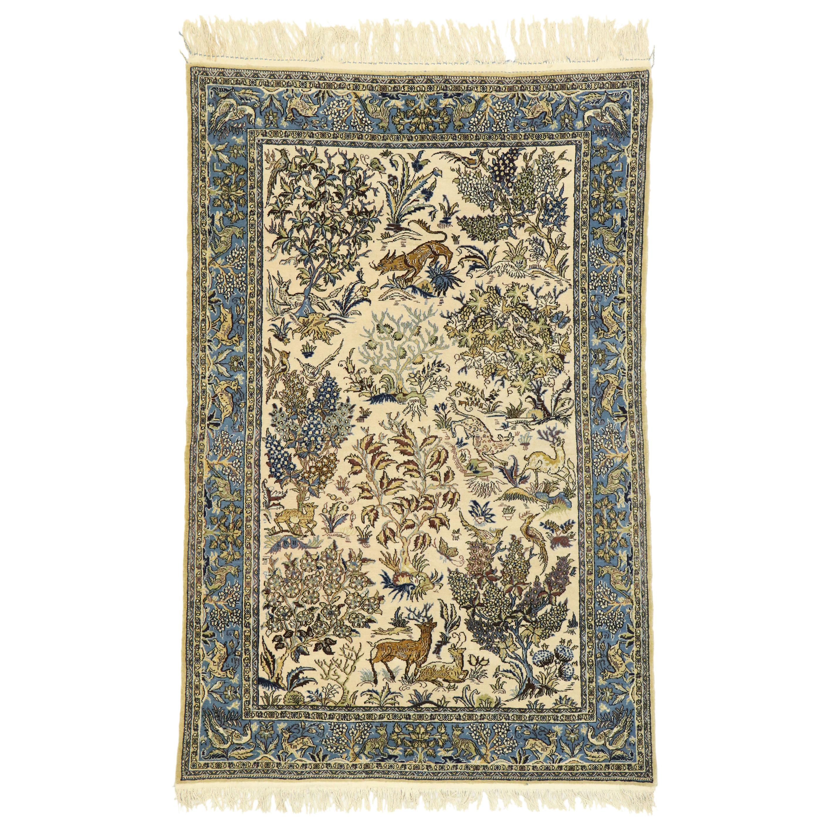 Persischer Qum-Teppich im Vintage-Stil mit botanischer Jagdszene
