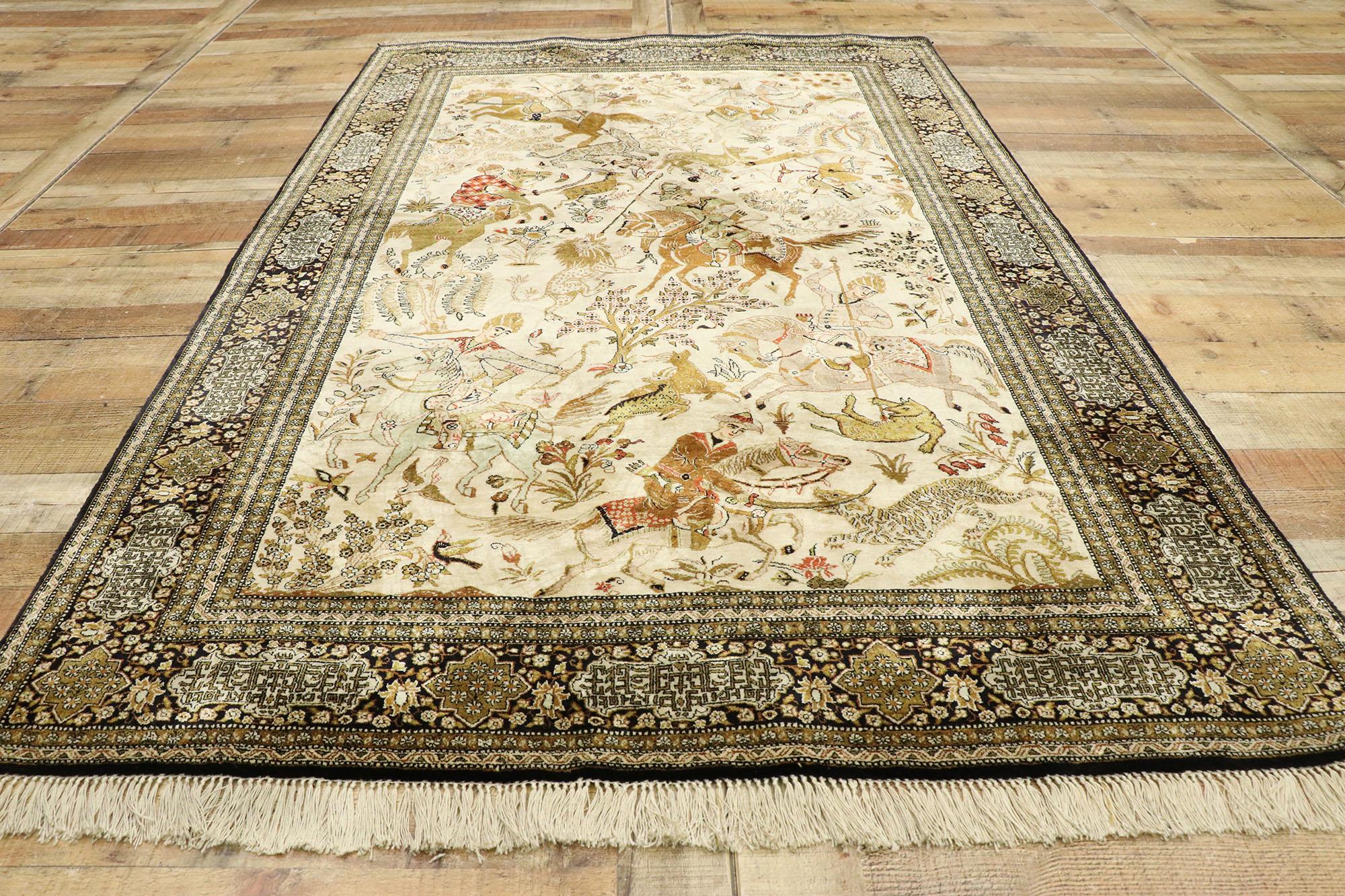 Hand-Knotted Vintage Persian Qum Rug with Hunting Scene For Sale