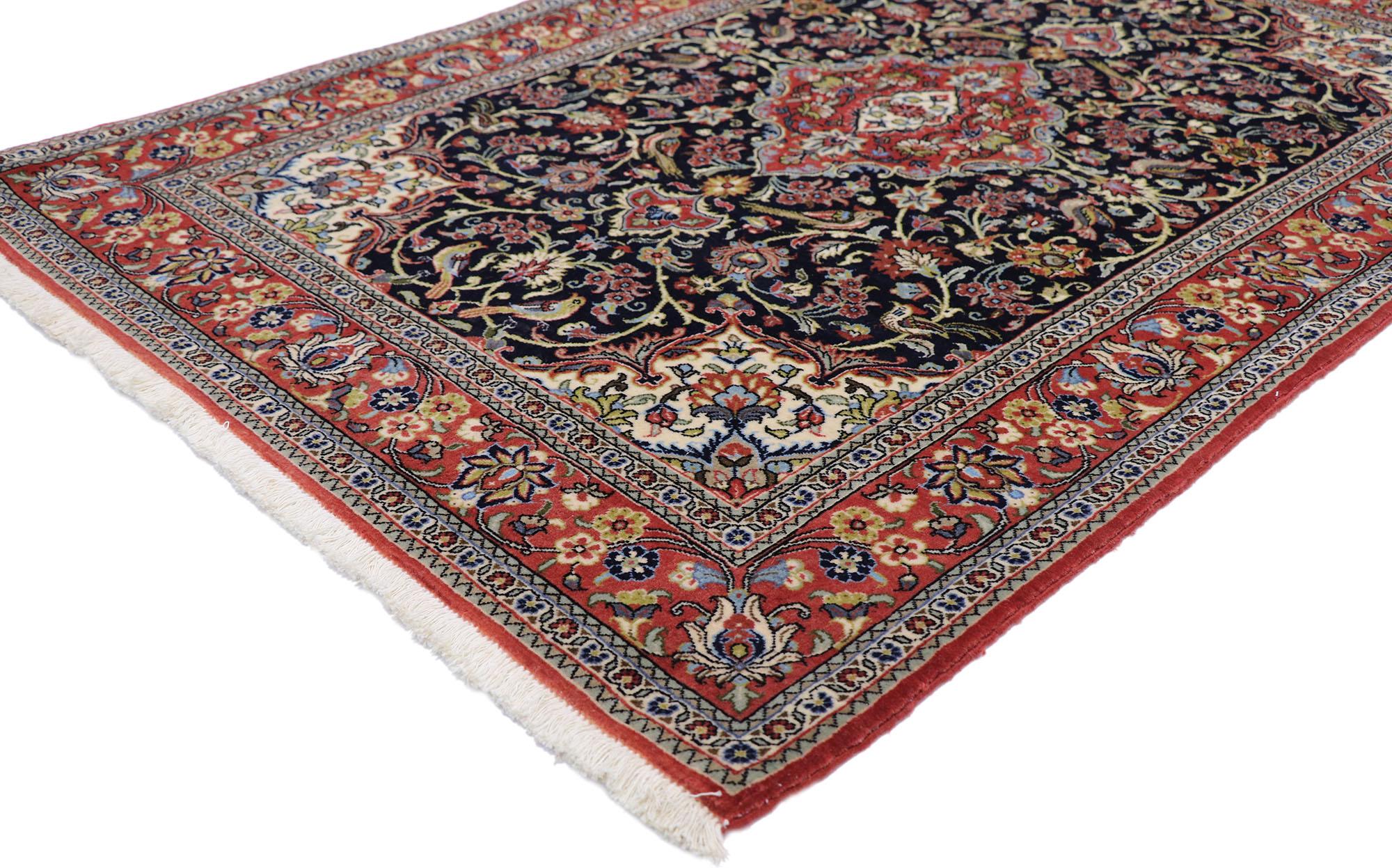 77864, vintage Persian Qum rug with Neoclassical Art Nouveau style. With ornate details and well-balanced symmetry combined with a regal color palette, this hand-knotted wool vintage Persian Qum rug beautifully embodies Neoclassical Art Nouveau