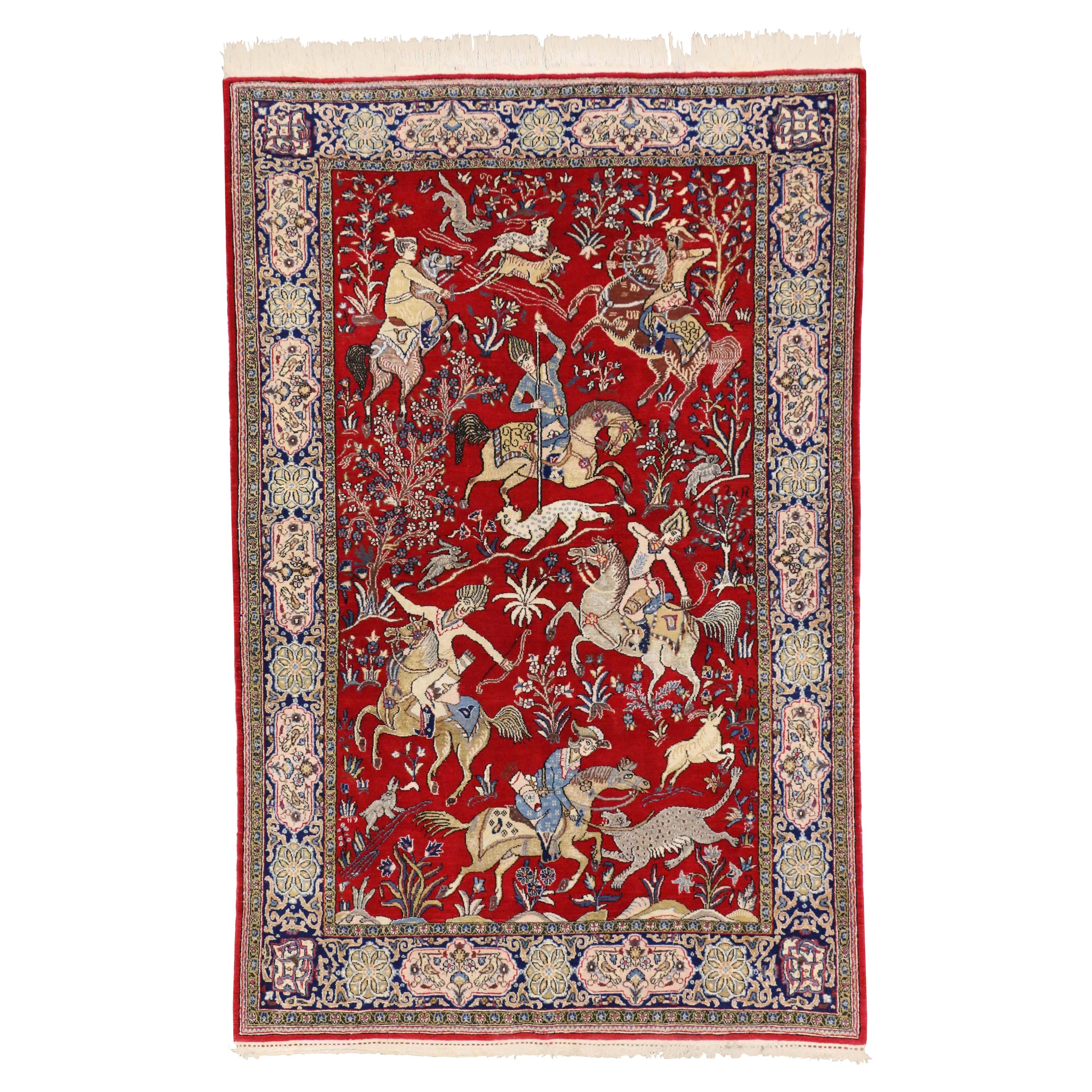 Vintage Persian Qum Pictorial Rug, Medieval Style Tapestry, Hunting Carpet