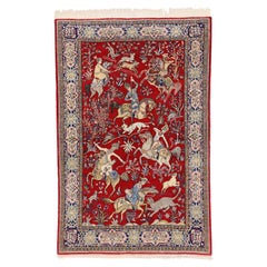 Vintage Persian Qum Pictorial Rug, Medieval Style Tapestry, Hunting Carpet
