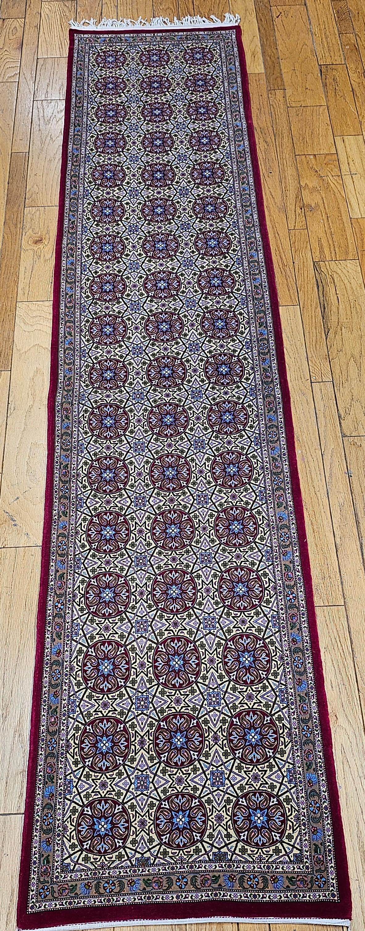 Vintage Persian Qum Runner in Allover Pattern in Pale Yellow, Baby Blue, Red For Sale 6