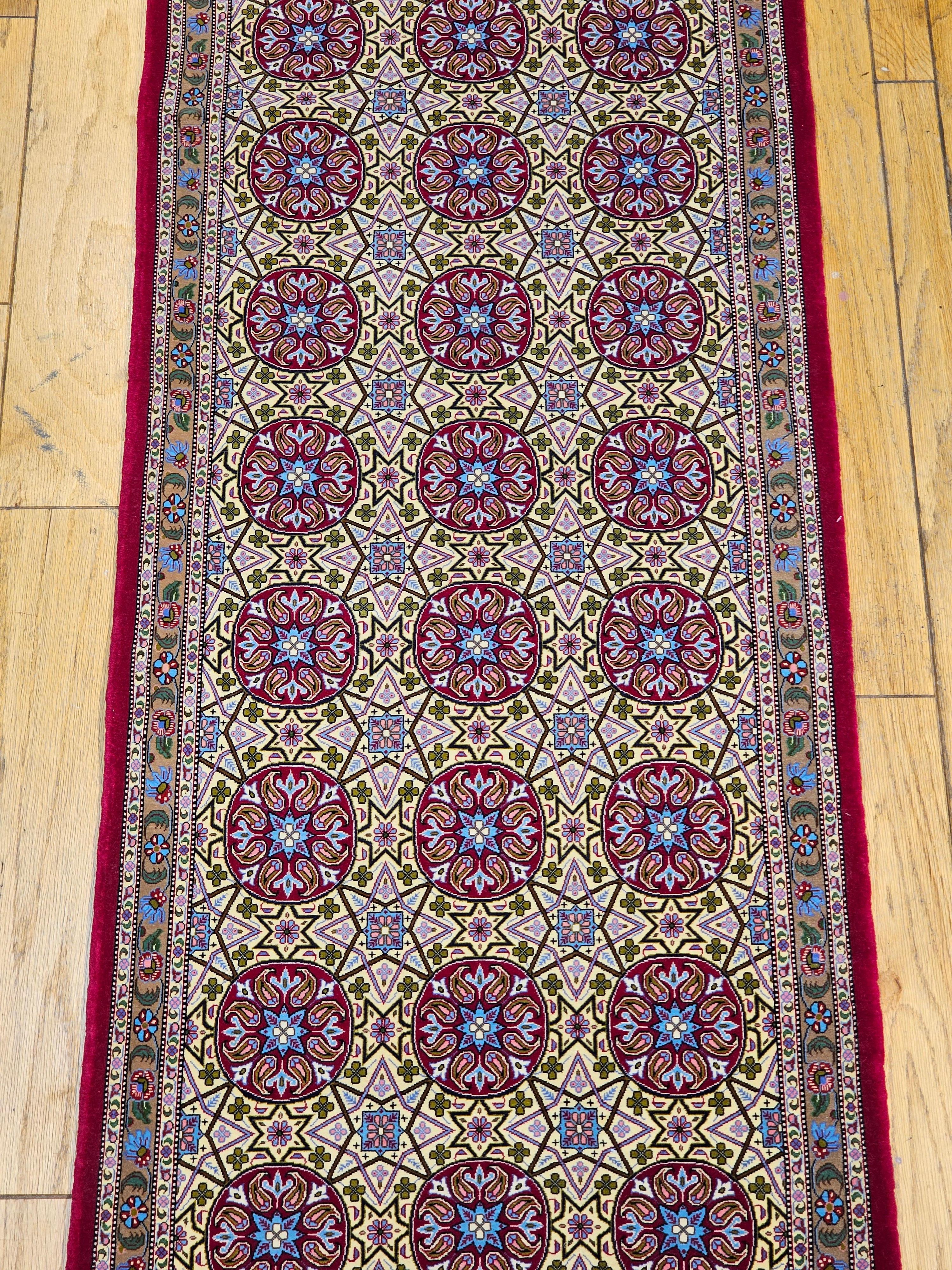 Wool Vintage Persian Qum Runner in Allover Pattern in Pale Yellow, Baby Blue, Red For Sale