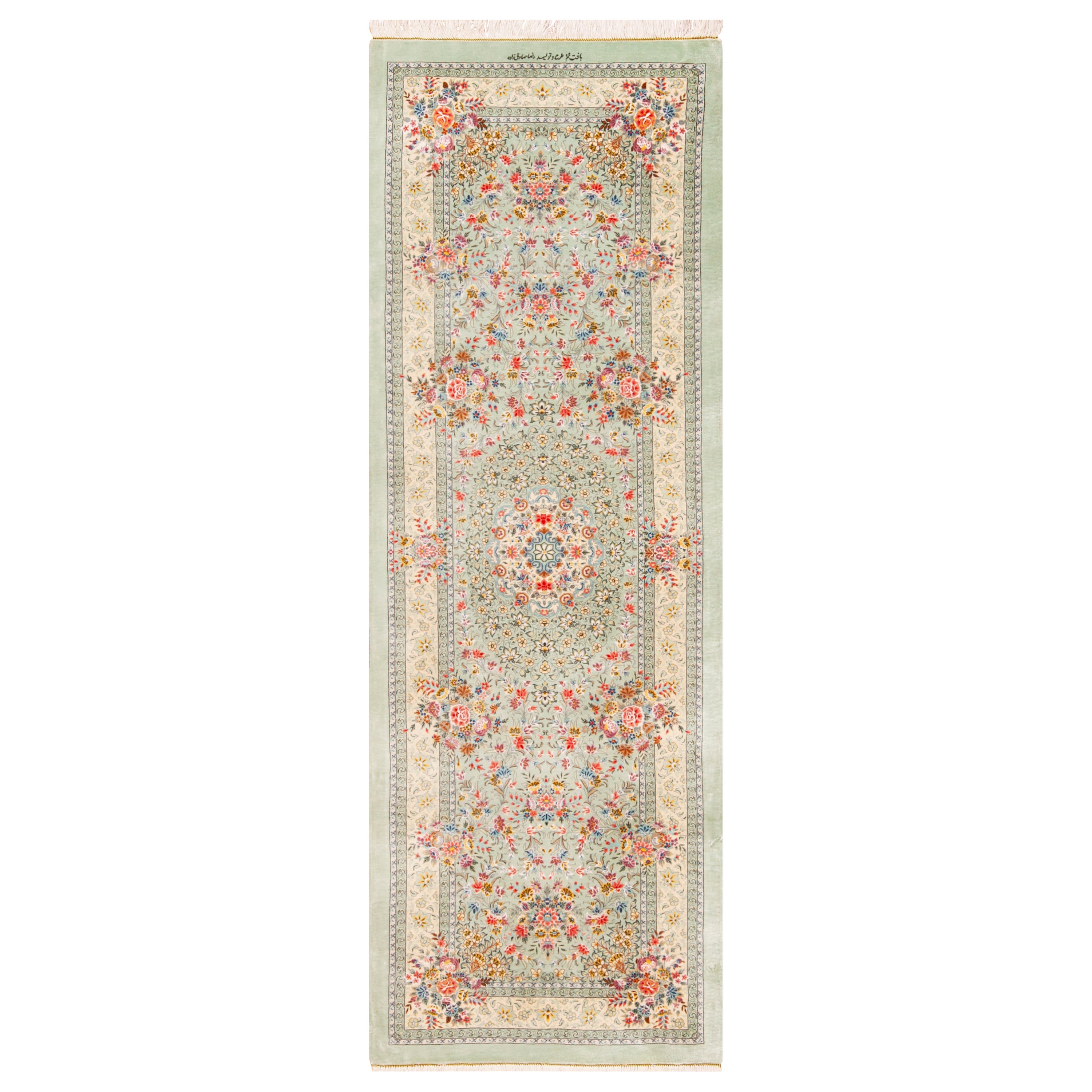 Tapis de couloir vintage persan Qum à médaillons floraux en soie 2'3" x 6'7" en vente