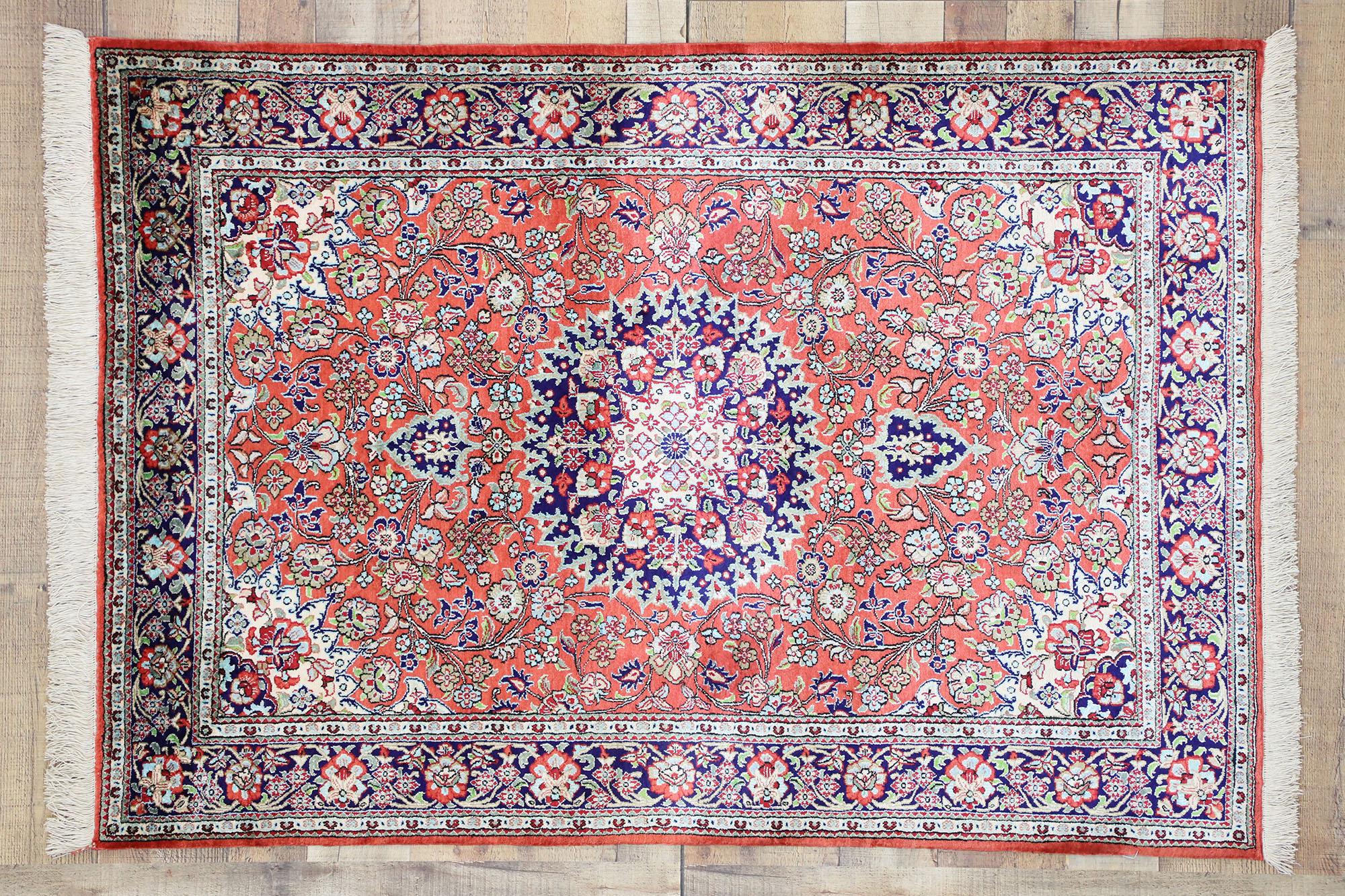 Hand-Knotted Vintage Persian Qum Silk Rug with Rococo Manor House Style For Sale