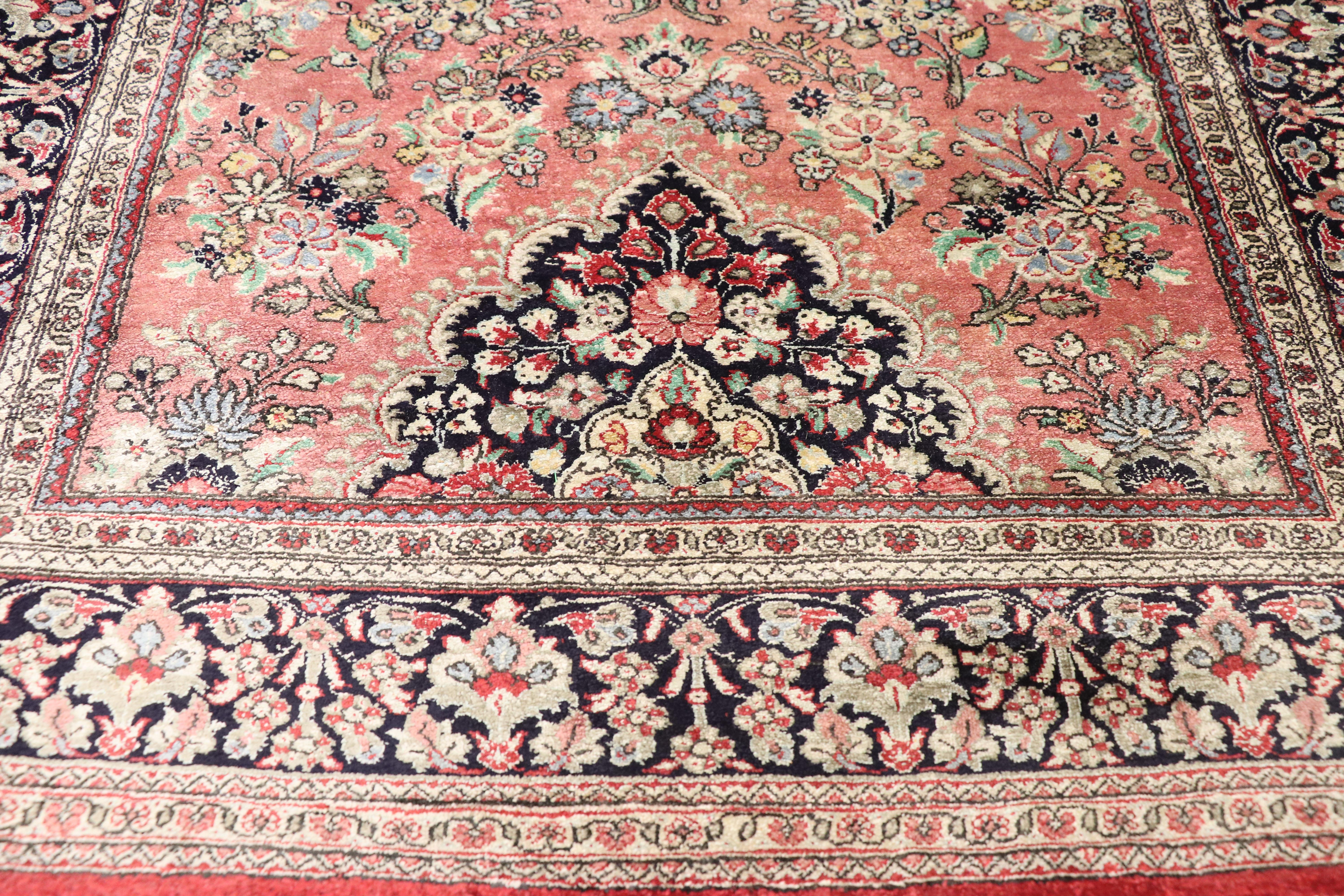 Hand-Knotted Vintage Persian Silk Qum Rug, French Rococo Meets Perpetually Posh For Sale