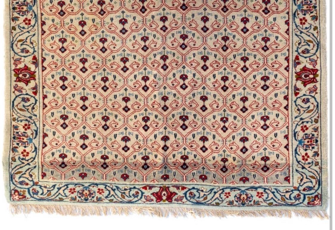 Hand-Woven Vintage Persian Red Ivory White Blue Floral Kashan Area Rug For Sale