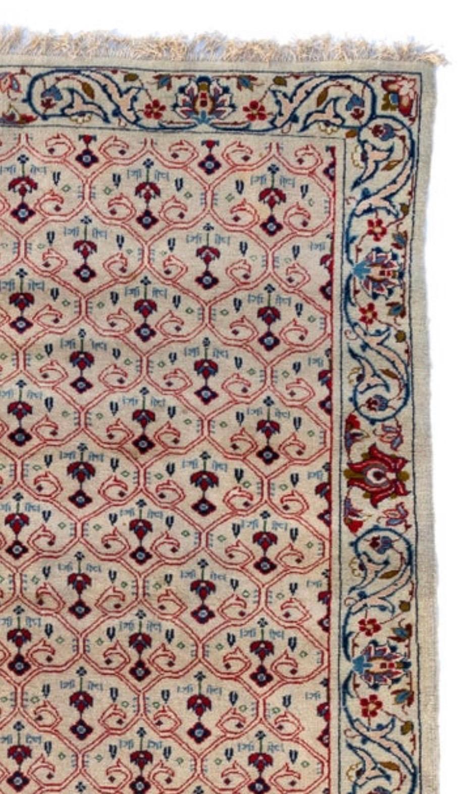 Vintage Persian Red Ivory White Blue Floral Kashan Area Rug In Distressed Condition For Sale In New York, NY
