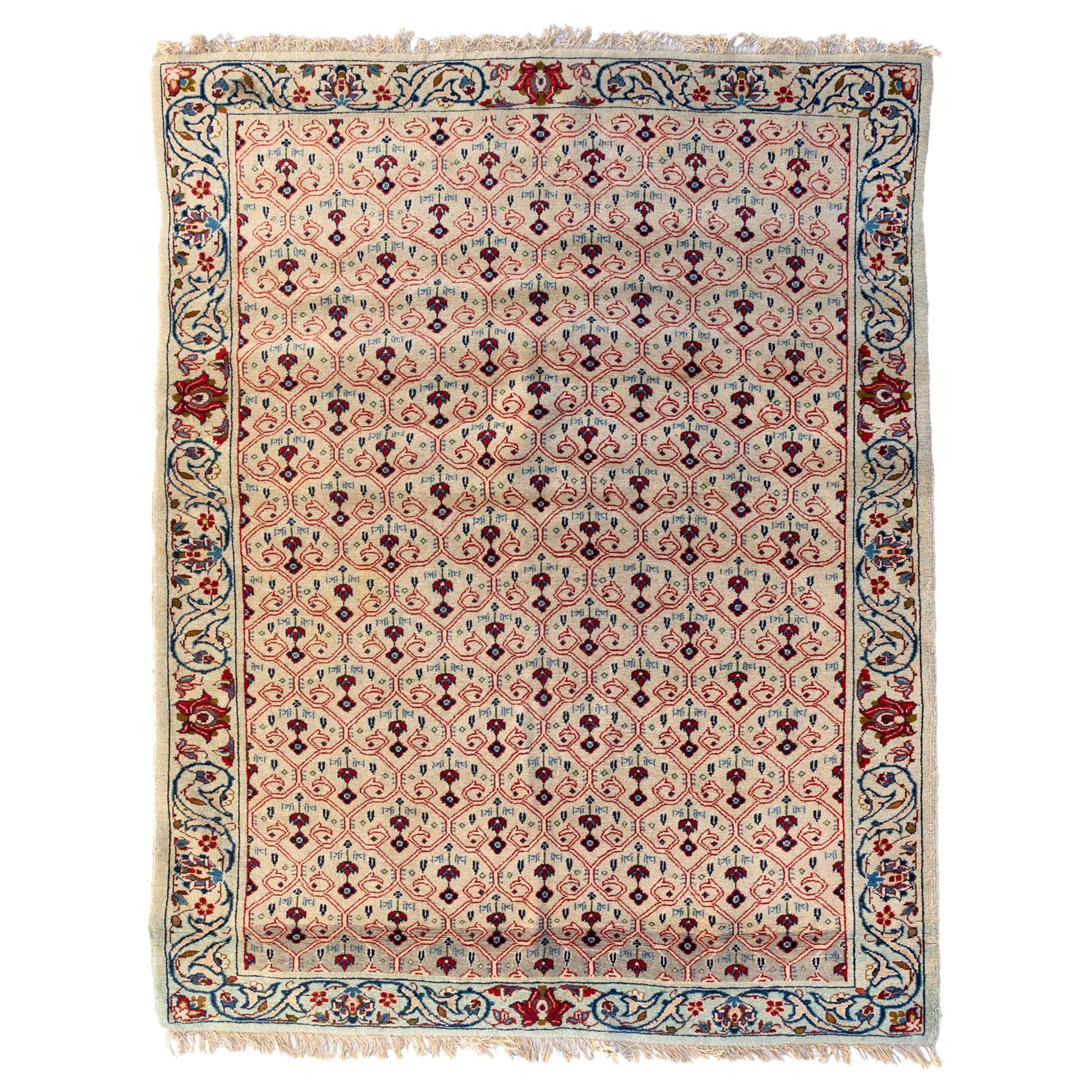 Vintage Persian Red Ivory White Blue Floral Kashan Area Rug For Sale