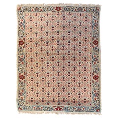 Vintage Persian Red Ivory White Blue Floral Kashan Area Rug