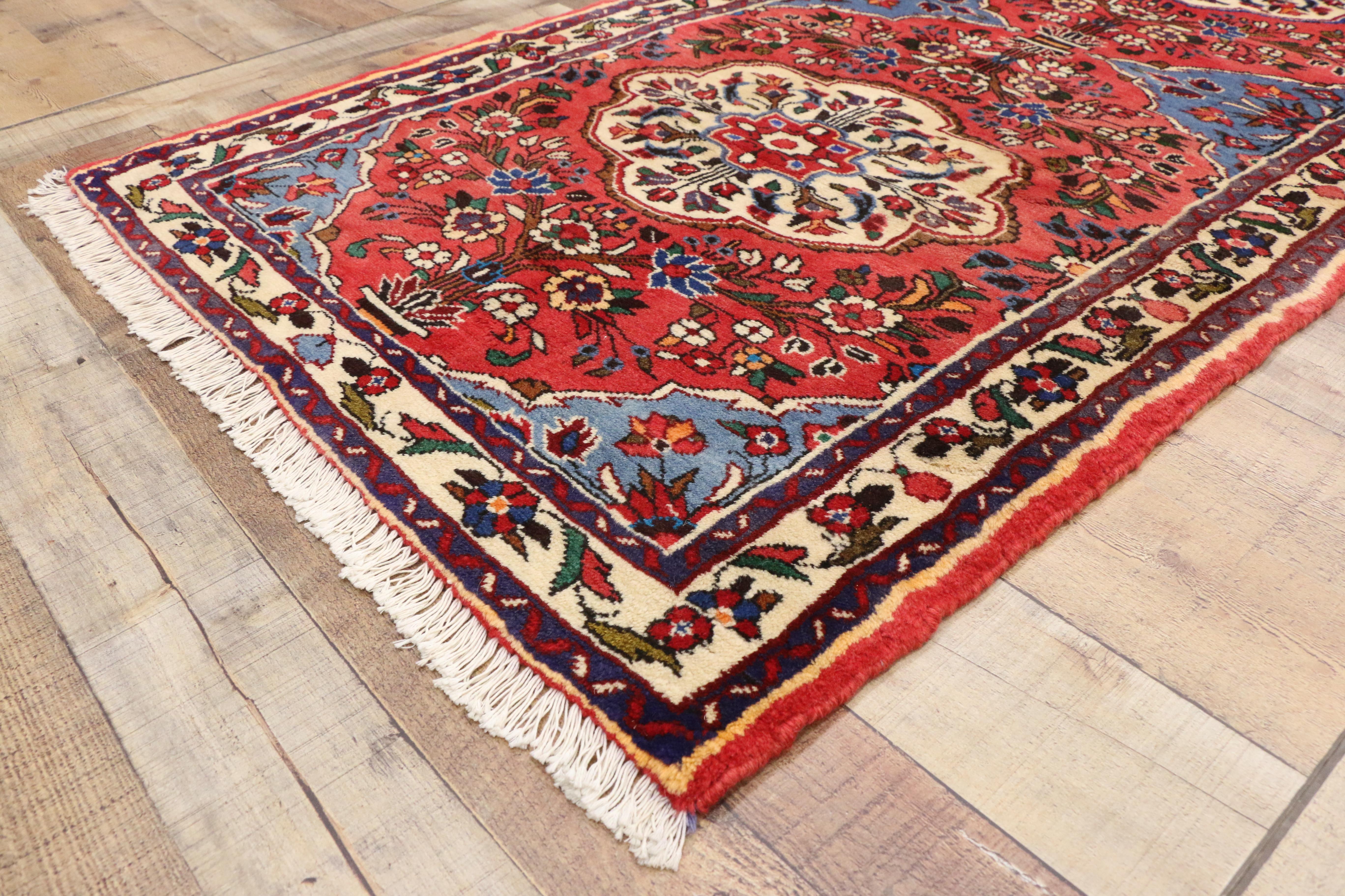 60194 Vintage Persian Roudbar Runner with Jacobean Style, Persian Hallway Runner. This hand-knotted wool vintage Persian Roudbar runner features three cusped medallions filled with eight-point amulets blooming with flowers surrounded by an all-over