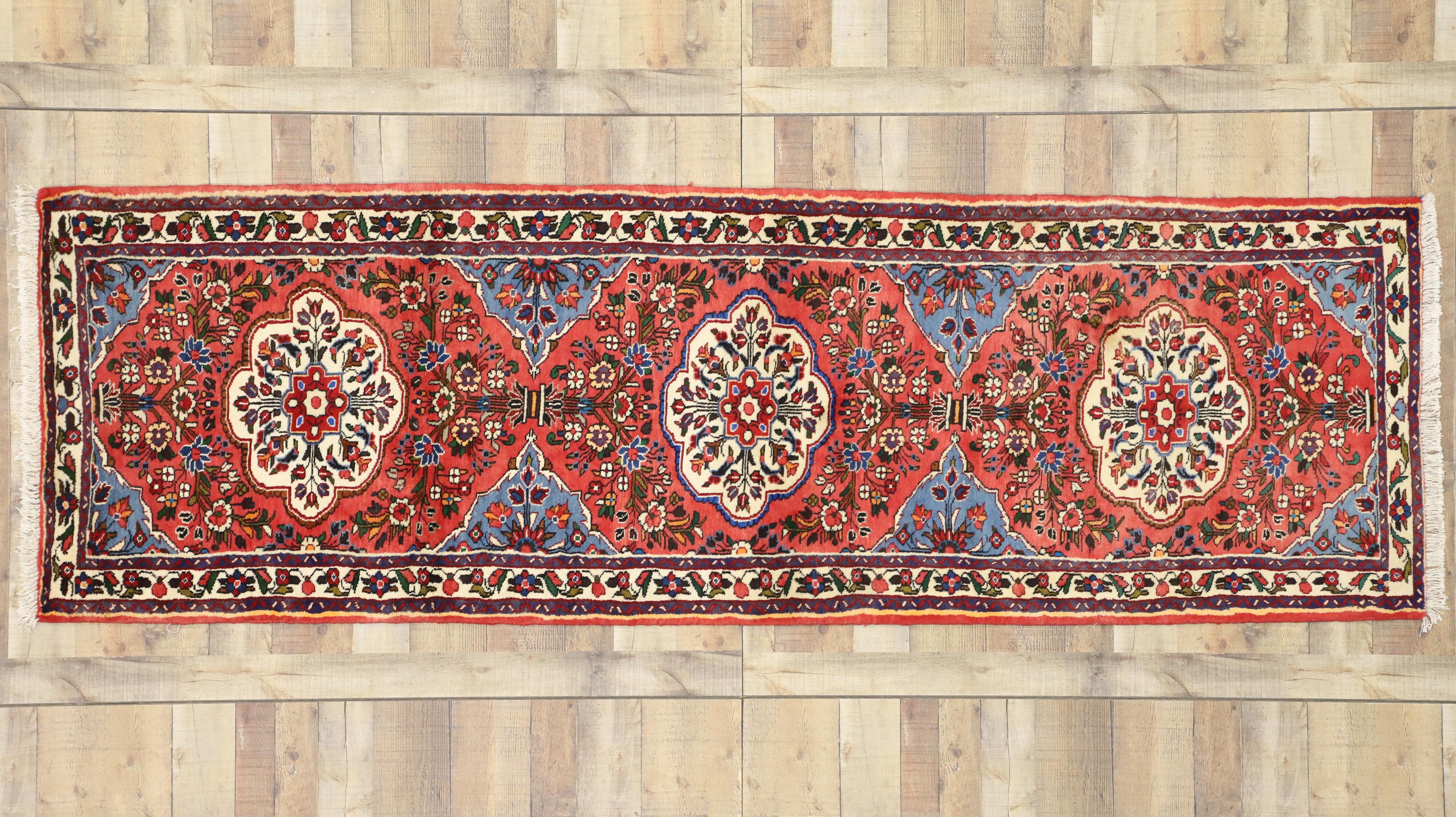 Vintage Persian Roudbar Runner with Jacobean Style, Persian Hallway Runner In Good Condition In Dallas, TX