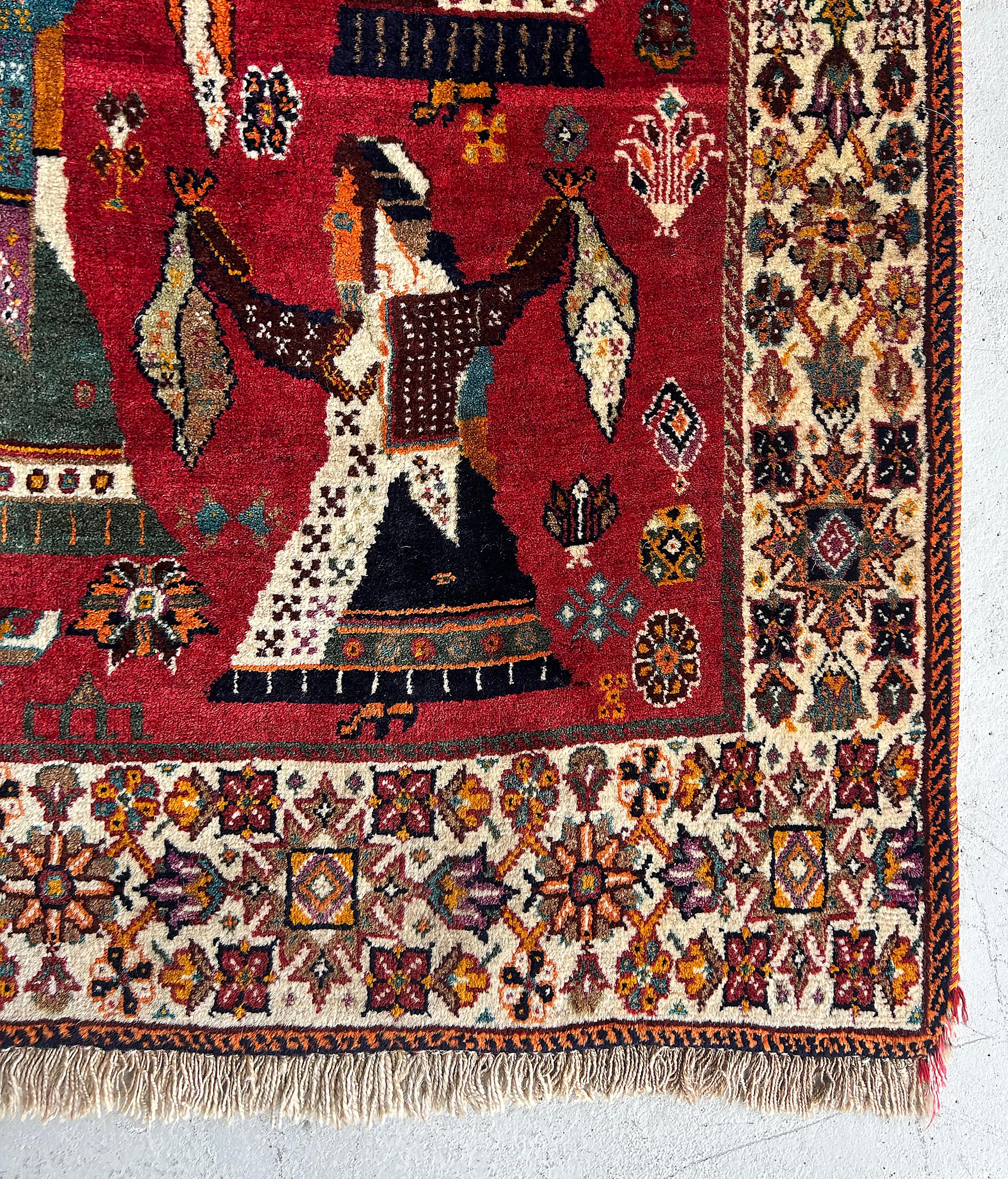 Persiano Tappeto persiano d'epoca raffigurante danzatori tribali stilizzati su sfondo rosso, 7'2