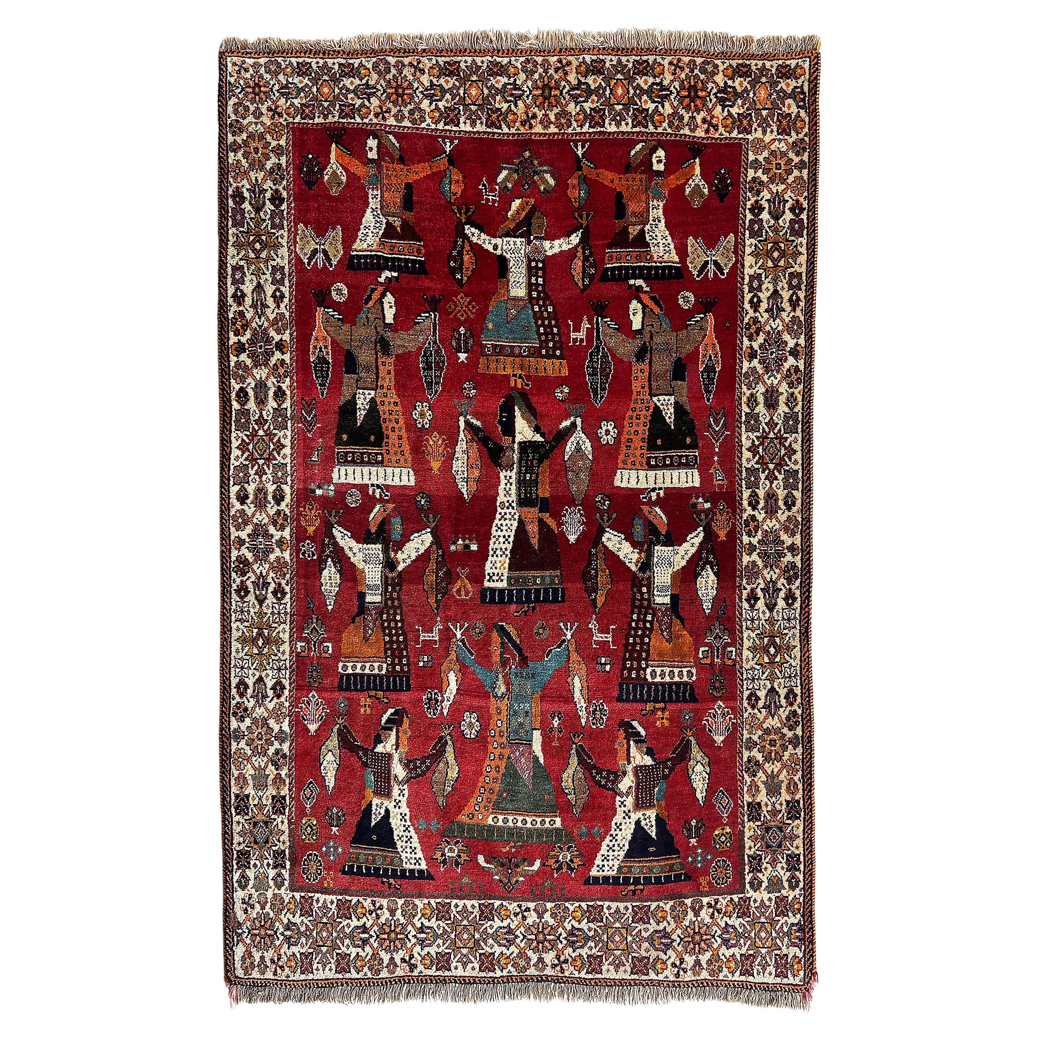 Tappeto persiano d
epoca raffigurante danzatori tribali stilizzati su sfondo rosso, 7
2" x 4
5" in vendita