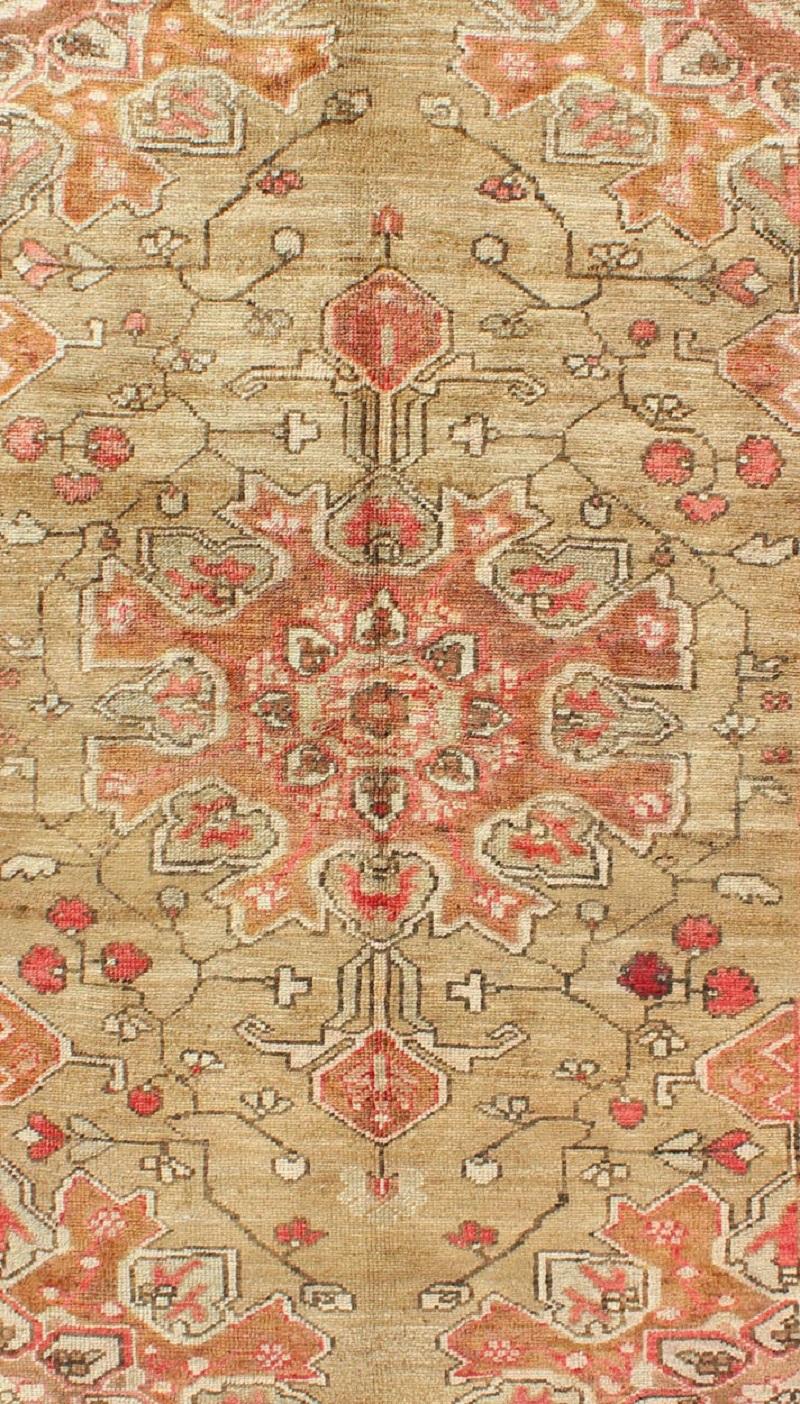 Hand-Knotted Vintage Persian Rug with Tribal Design in Beautiful Green and Coral Colors