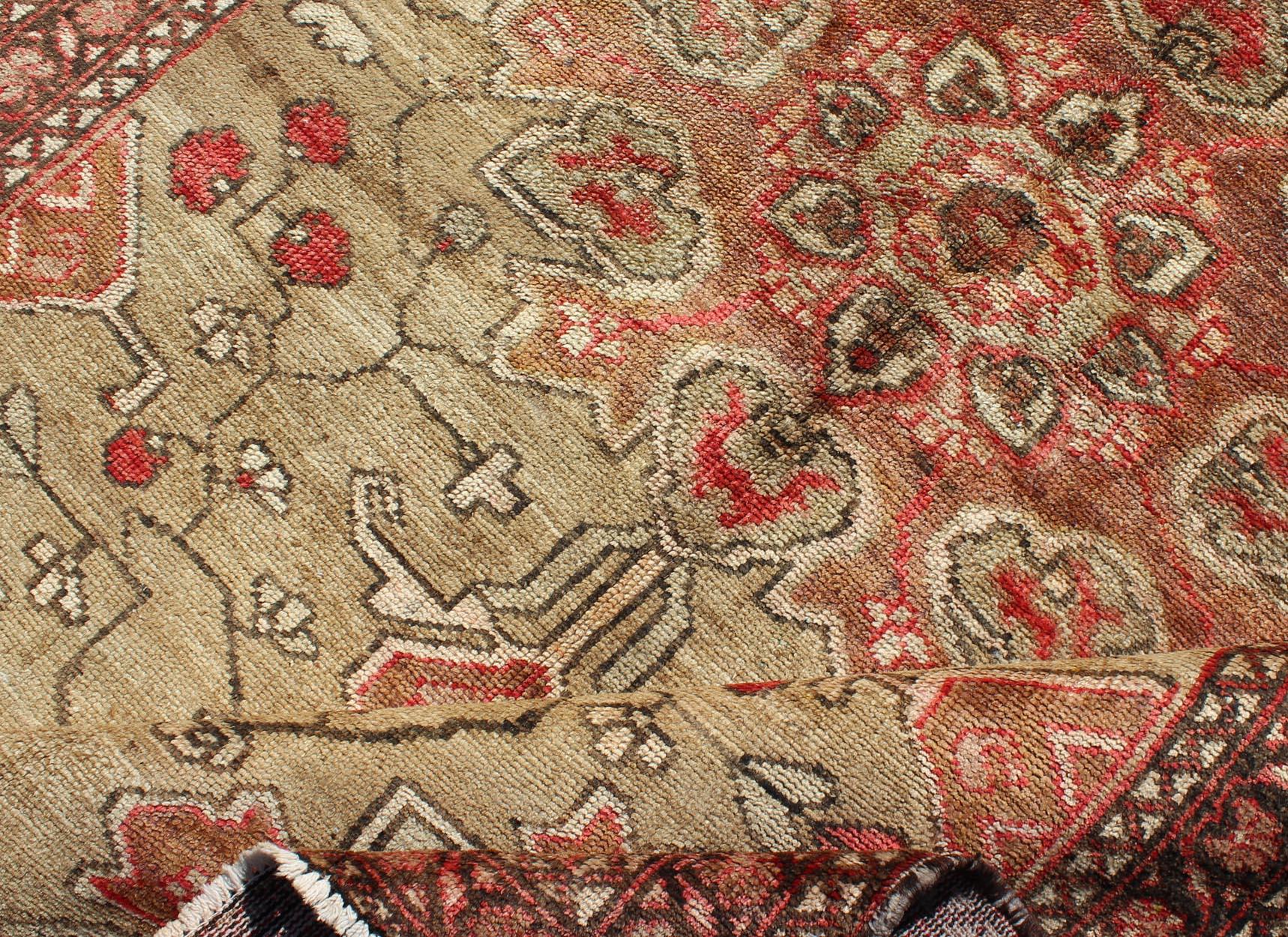 20th Century Vintage Persian Rug with Tribal Design in Beautiful Green and Coral Colors