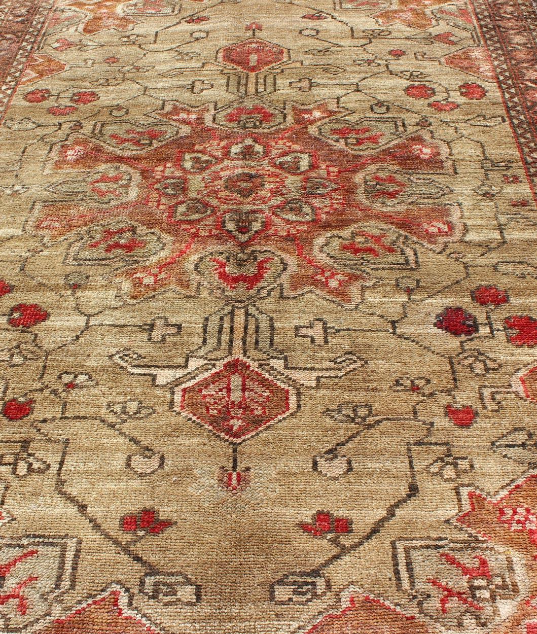 Wool Vintage Persian Rug with Tribal Design in Beautiful Green and Coral Colors