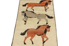 Vintage Persian rug in Beige with Horse Pictorials by Rug & Kilim