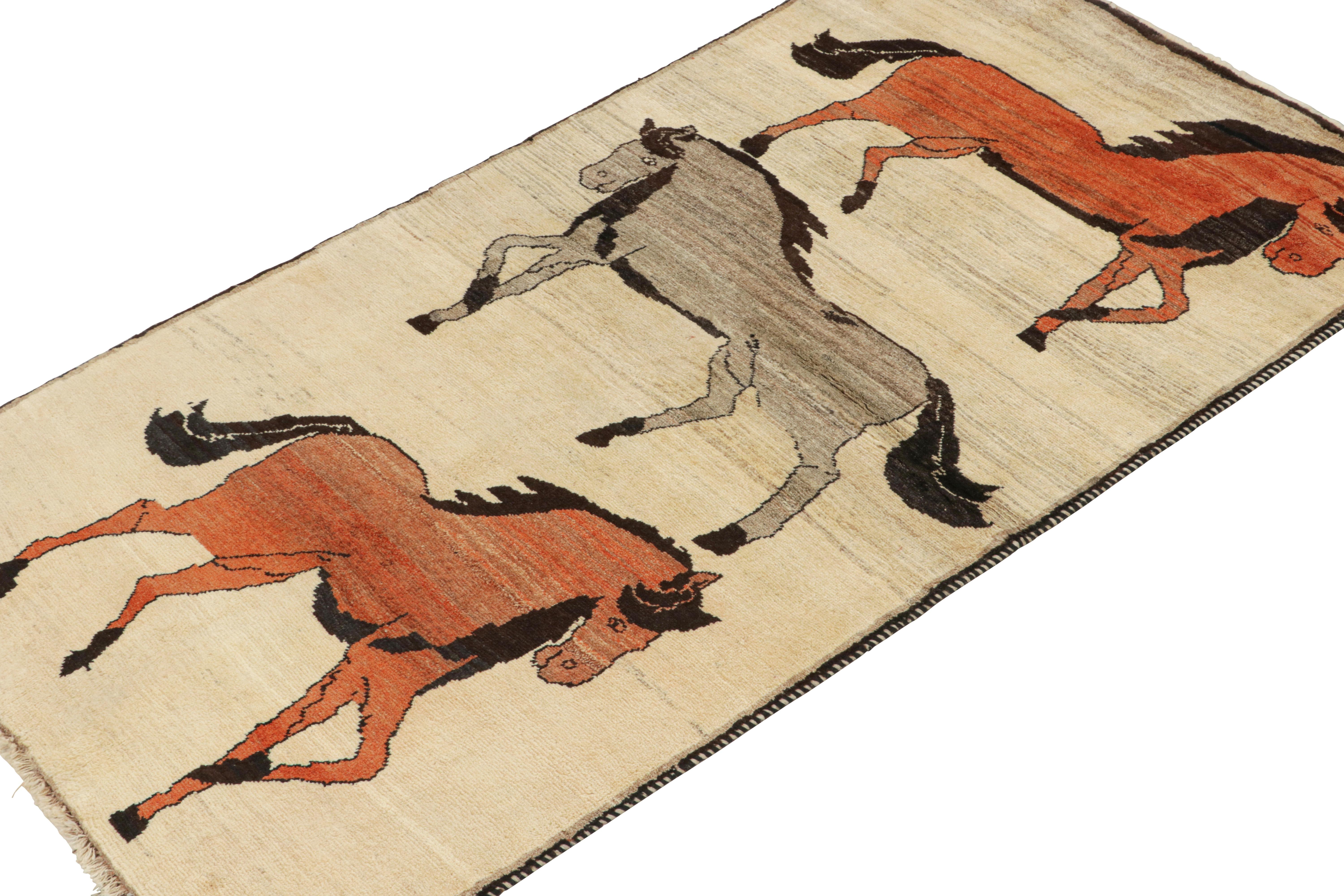 Tribal Vintage Persian rug in Beige with Horse Pictorials by Rug & Kilim For Sale