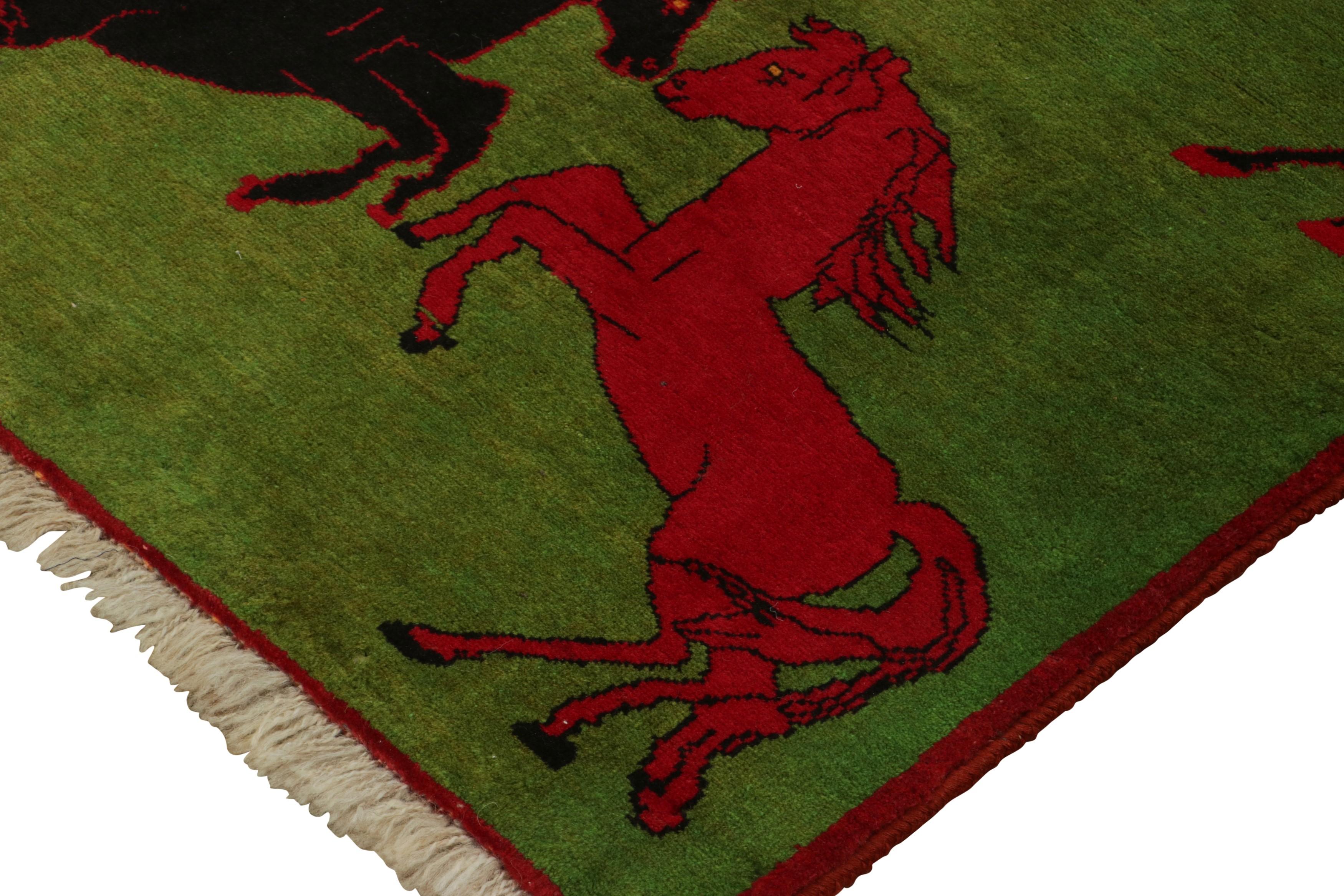 Persian Vintage Afghan Rug, Green with Red and Black Horse Pictorials - Rug & Kilim For Sale