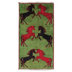 Vintage Persian Rug in Green with Black and Red Horse Pictorials by Rug & Kilim