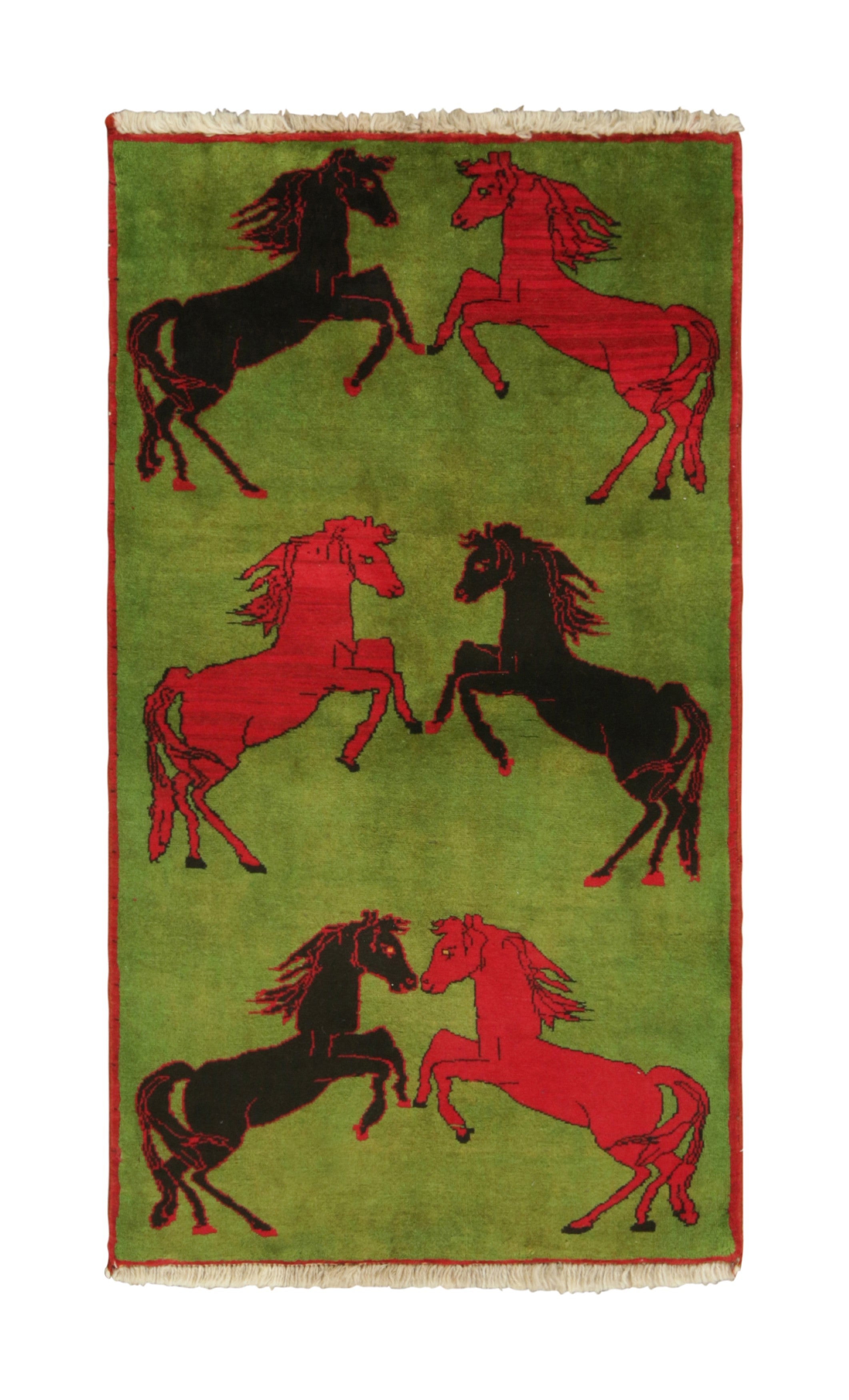 Vintage Afghan Rug, Green with Red and Black Horse Pictorials - Rug & Kilim For Sale