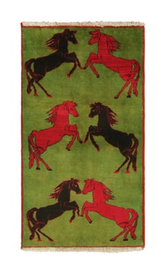 Vintage Afghan Rug, Green with Red and Black Horse Pictorials - Rug & Kilim