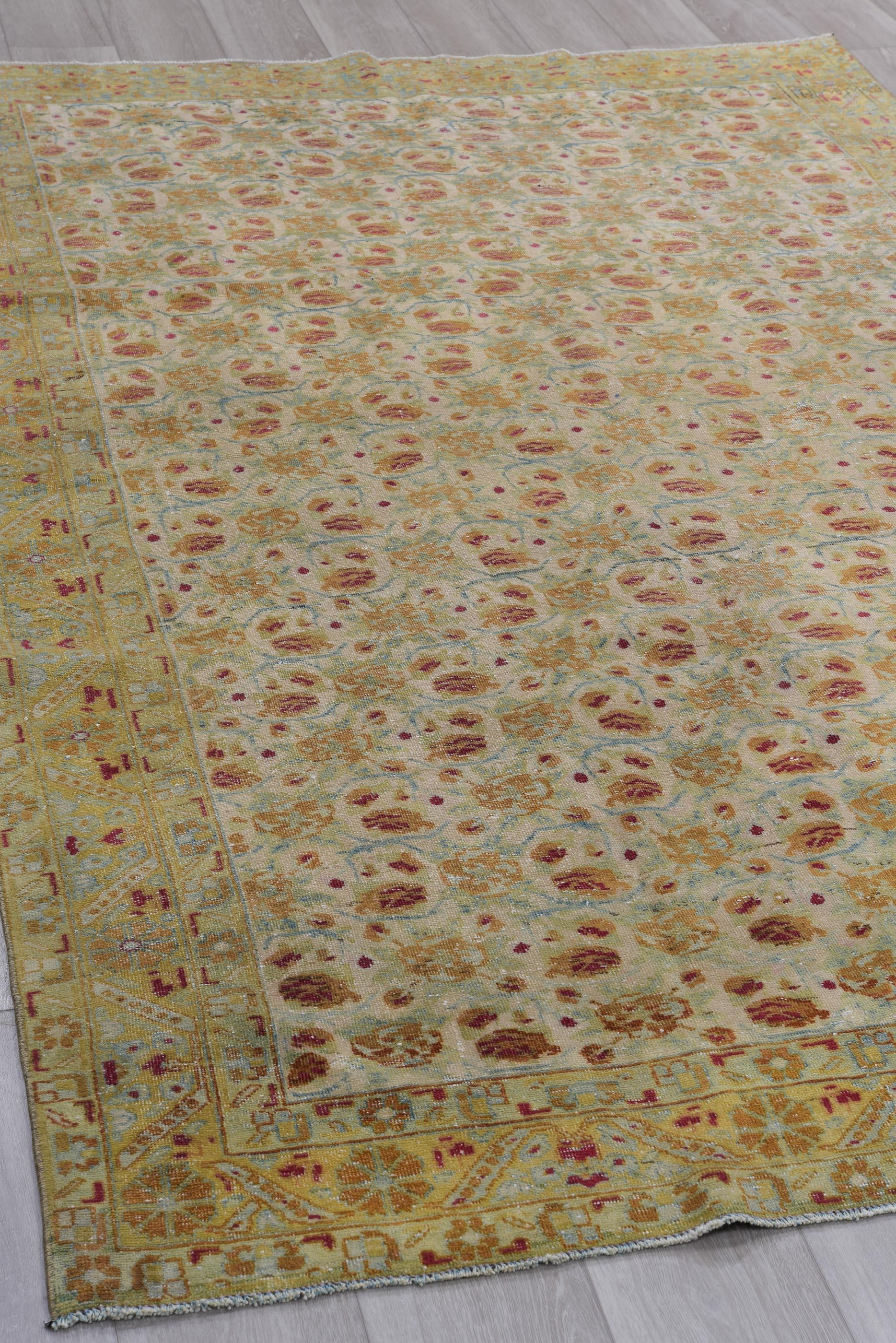 Vintage Persian Rug rosette repeat on celadon field For Sale 2