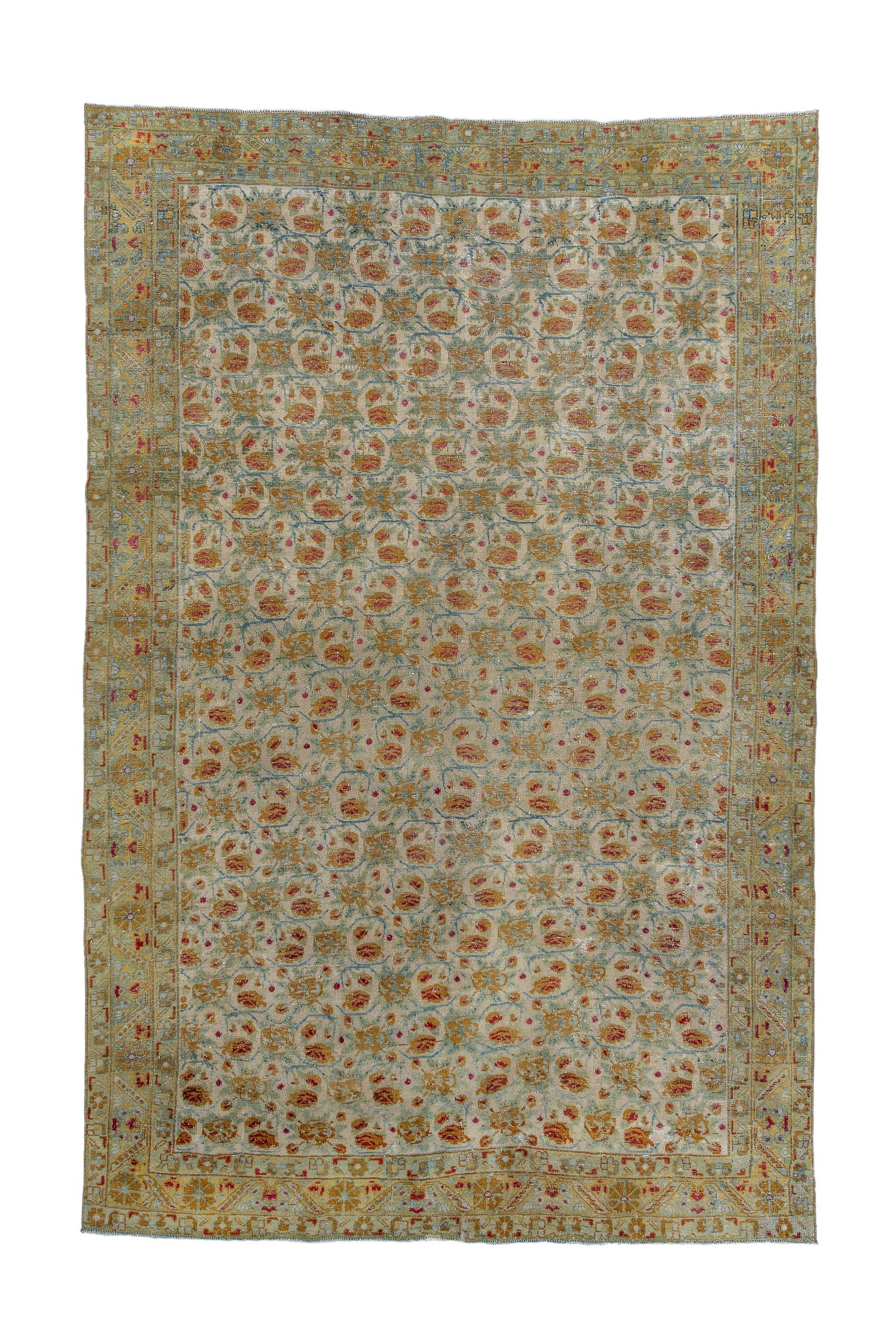Vintage Persian Rug rosette repeat on celadon field For Sale