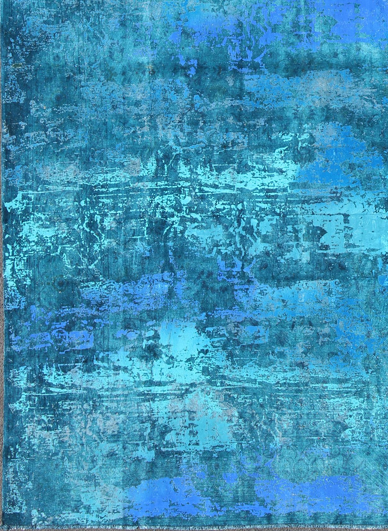 Vintage Persian modern rug with overdyed design in shades of blue, green, teal, rug m14-0403, country of origin / type: Iran / Modern

This Persian rug is one-of-a-kind with a distressed finish that emphasizes a modern, yet rustic, design