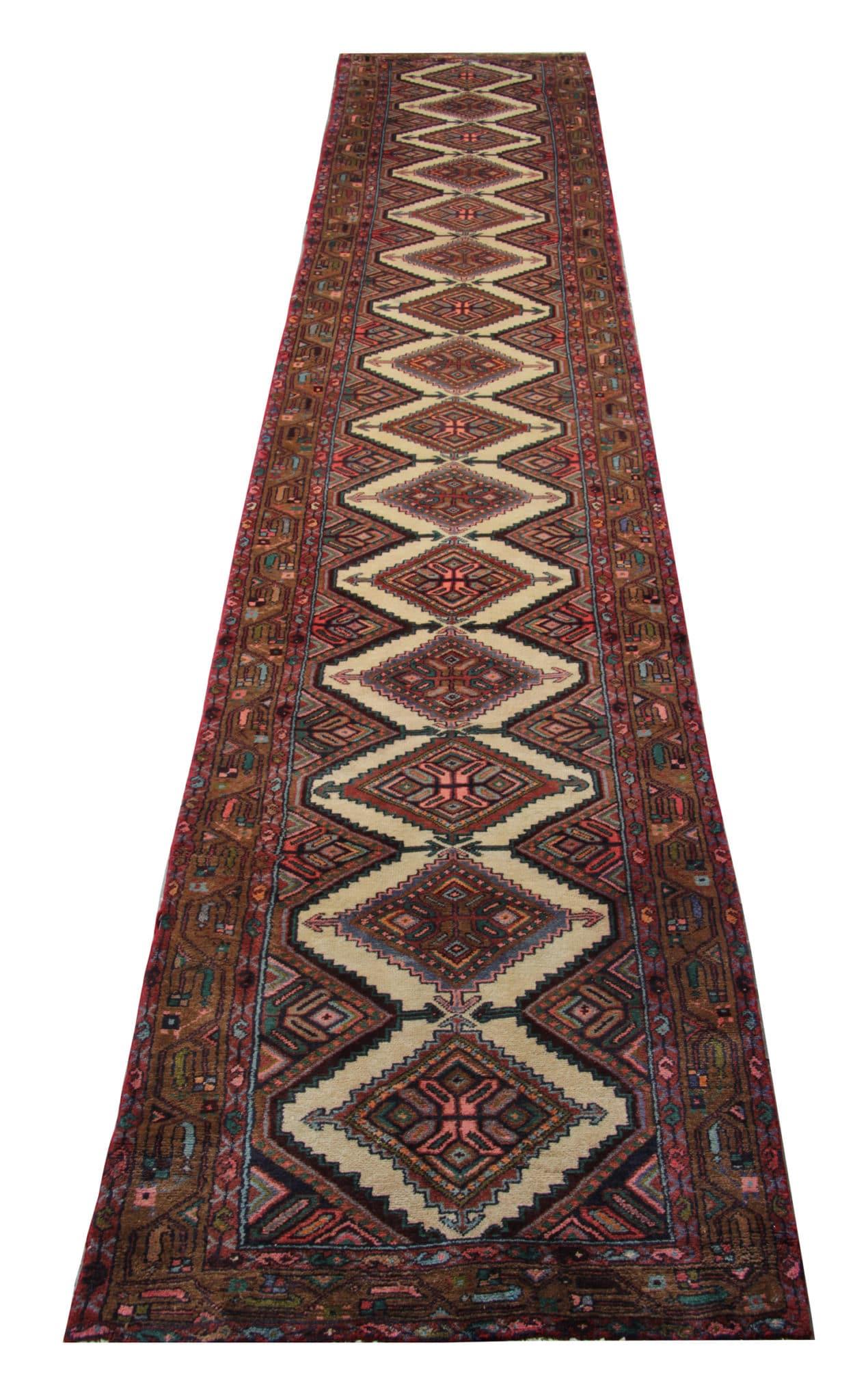 Persian Vintage Runner Geometric Runner Rug, Cream Carpet Runner, Wool Rug For Sale