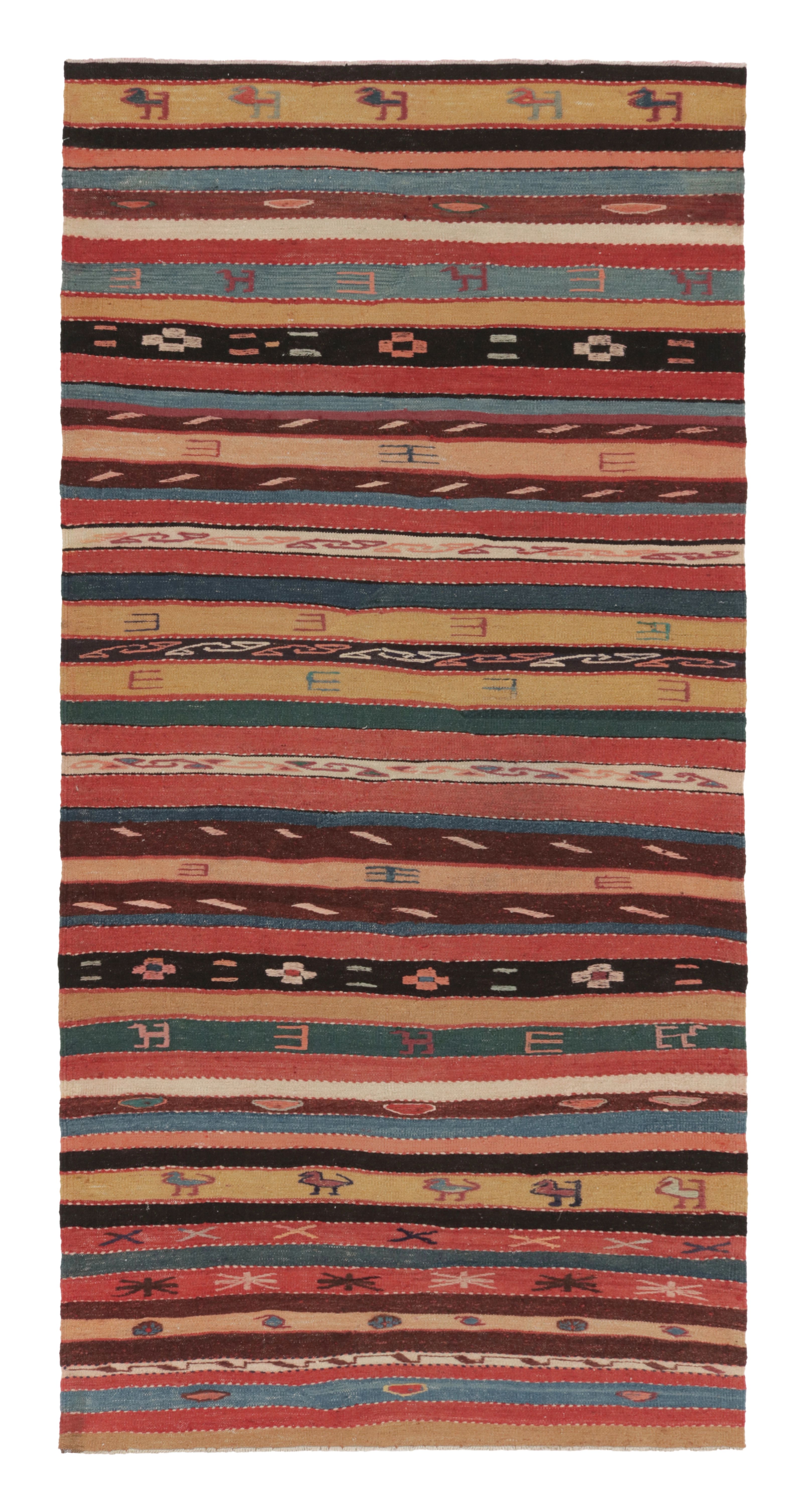 Runner Kilim persiano vintage in rosa con strisce e motivi vivaci - Rug
Kilim