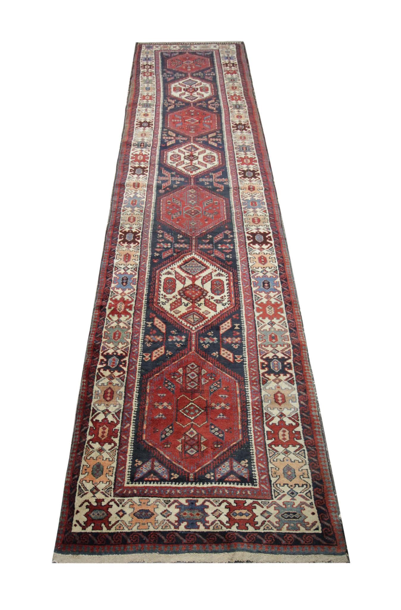 Vintage Runner Rug Handmade Carpet Geometric Ardebil tribal Stair Runner In Excellent Condition For Sale In Hampshire, GB