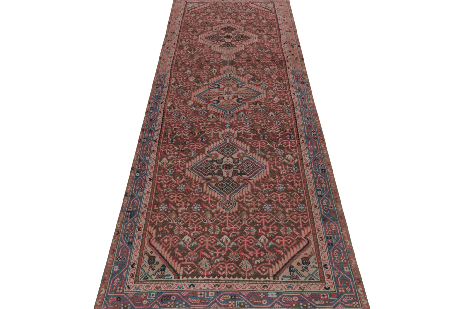 Hand-Knotted Vintage Persian runner with Red, Beige-Brown Patterns by Rug & Kilim For Sale
