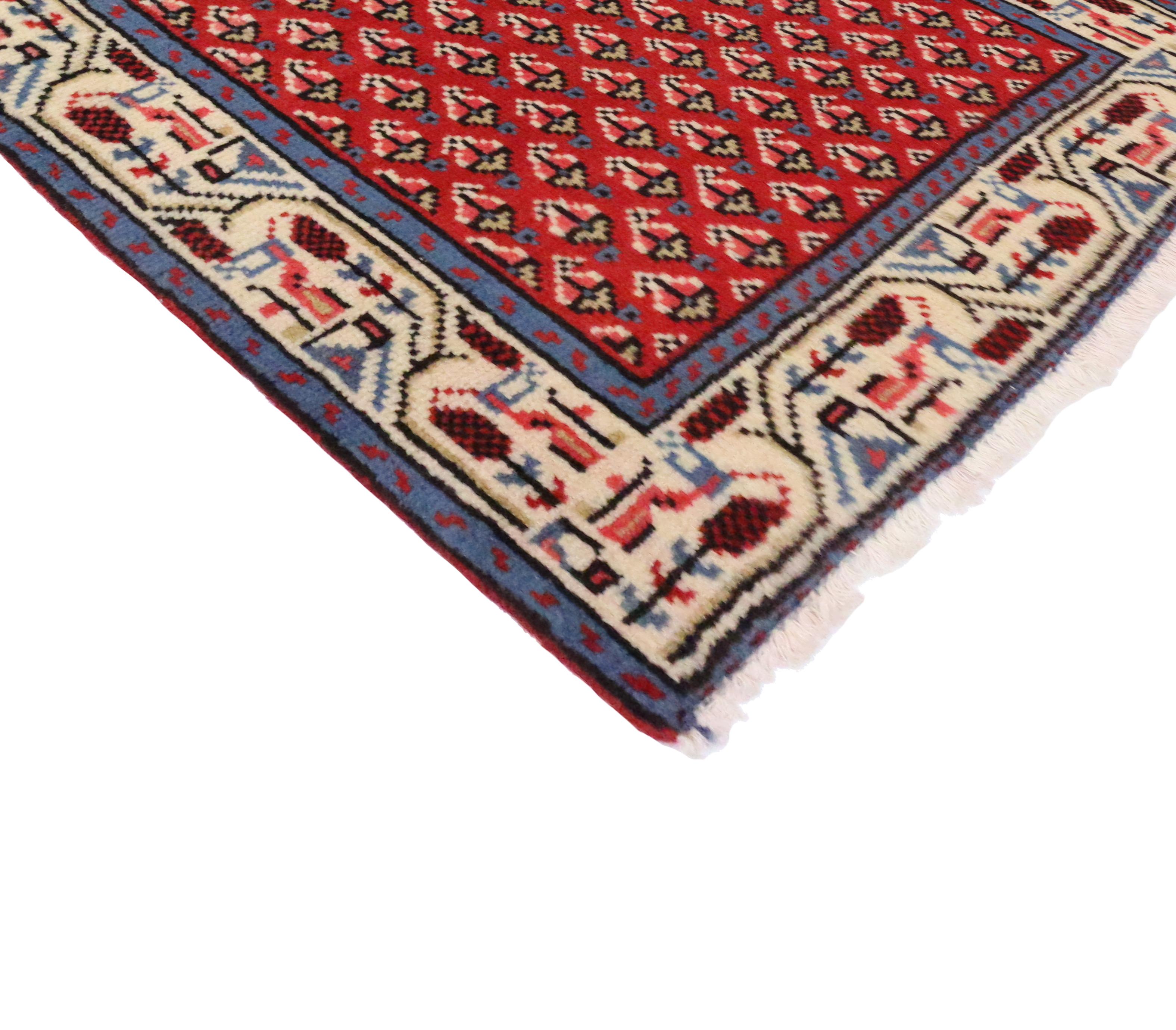 76152 Vintage Persian Saraband Hamadan rug with Mir Boteh, Kitchen, Foyer, or Entry 02'00 X 03'10. This vintage Persian Hamadan accent rug with Saraband rug style features an all-over delicate pattern of mir boteh motifs in diagonal rows in a red