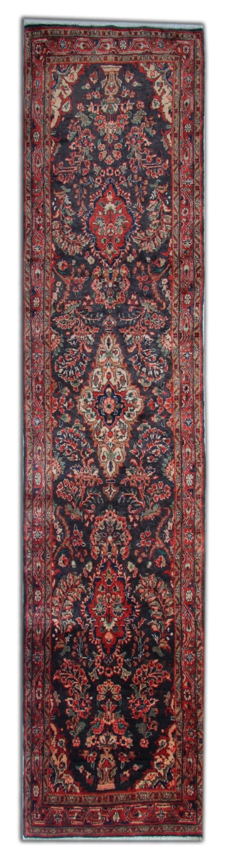 Persian Vintage Sarough Runner Rug, Navy Blue Floral Handmade Wool Stair Runner For Sale