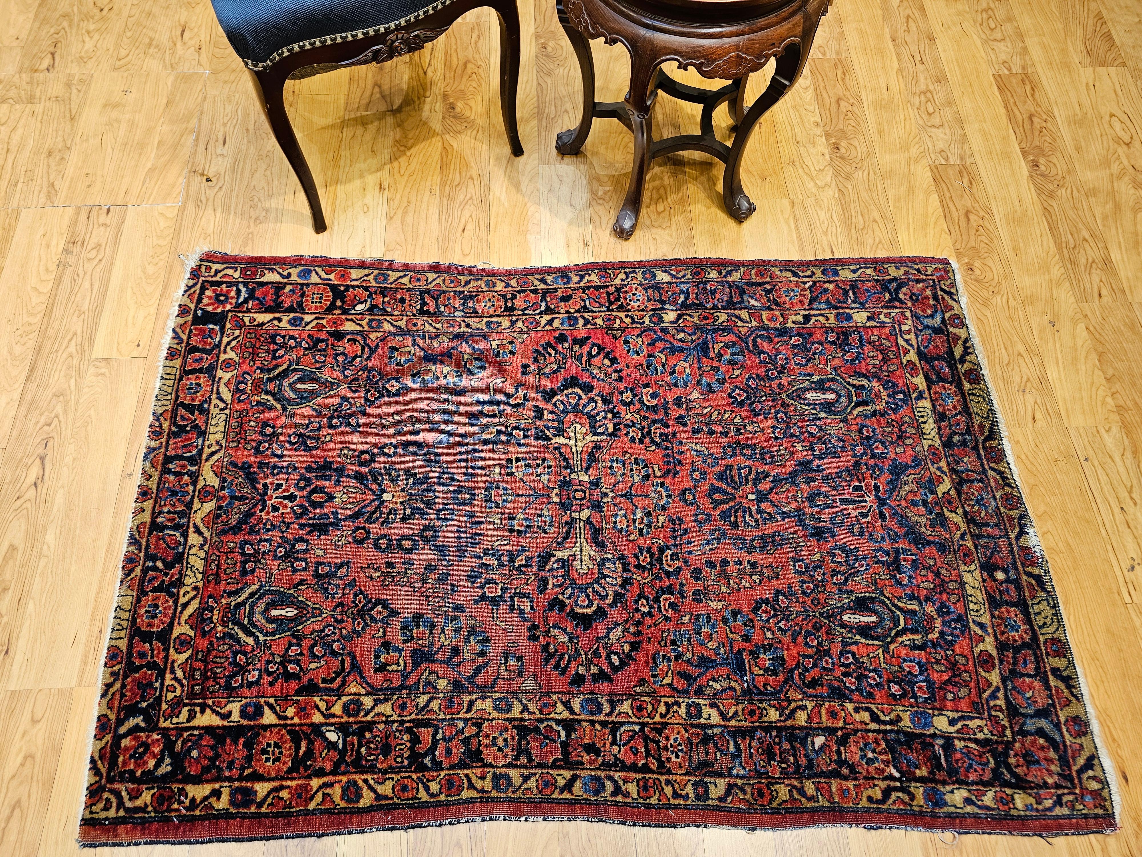 Persischer Sarouk-Teppich des frühen 20. Jahrhunderts - Allover-Blumenmuster in Rot, Marine im Angebot 6