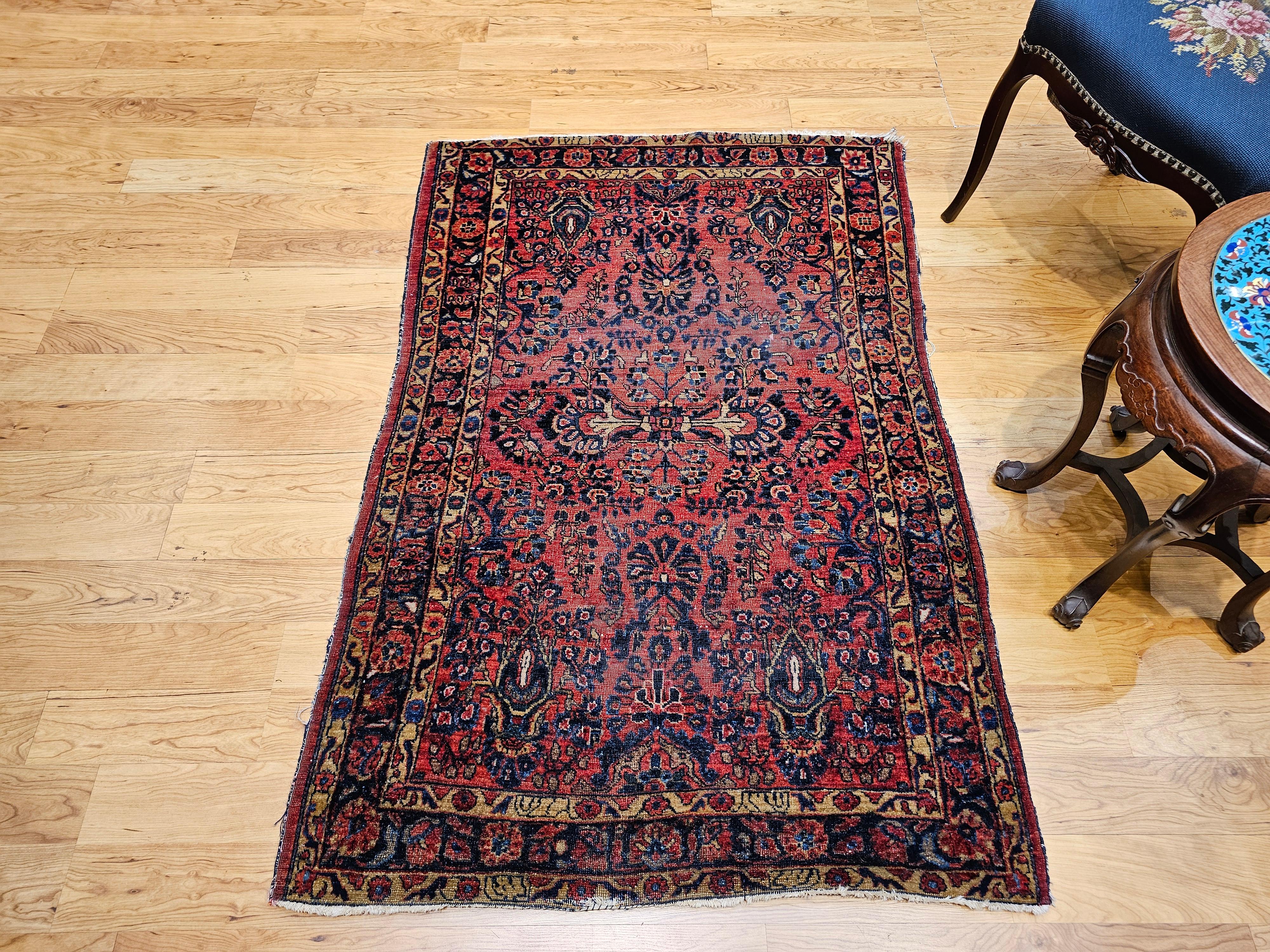 Persischer Sarouk-Teppich des frühen 20. Jahrhunderts - Allover-Blumenmuster in Rot, Marine im Angebot 4