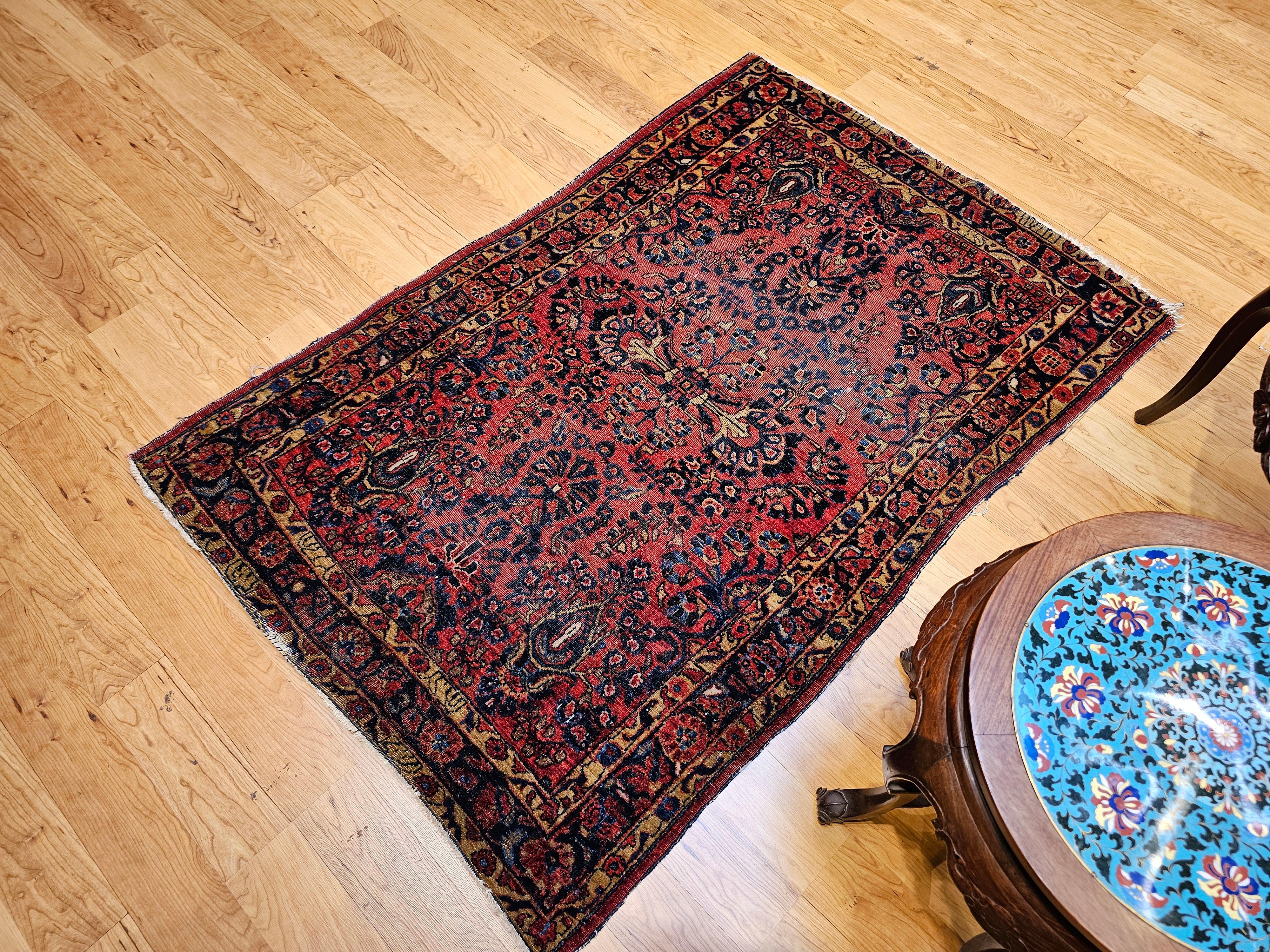 Persischer Sarouk-Teppich des frühen 20. Jahrhunderts - Allover-Blumenmuster in Rot, Marine im Angebot 5