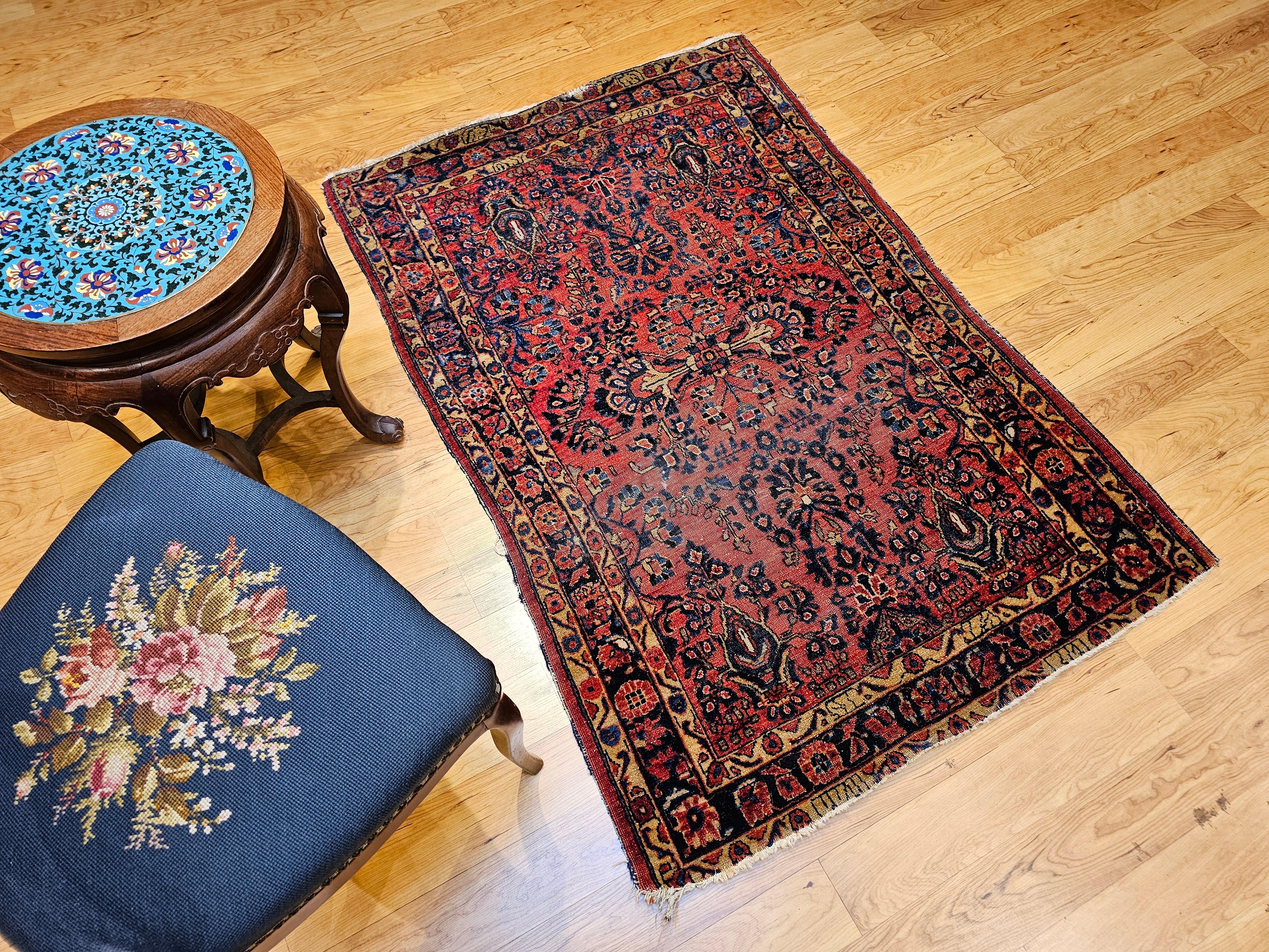 Persischer Sarouk-Teppich des frühen 20. Jahrhunderts - Allover-Blumenmuster in Rot, Marine im Angebot 7