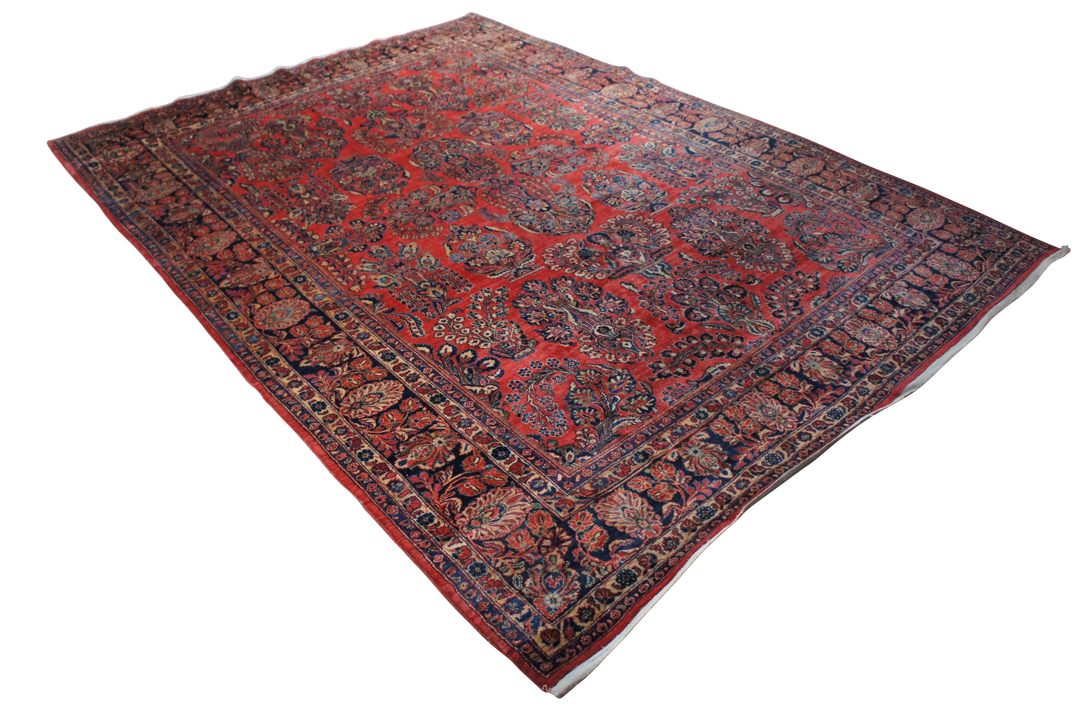 Vintage Persian Sarouk Hand Knotted Red Floral Wool Area Rug Carpet 9' x 12' In Good Condition For Sale In Dayton, OH