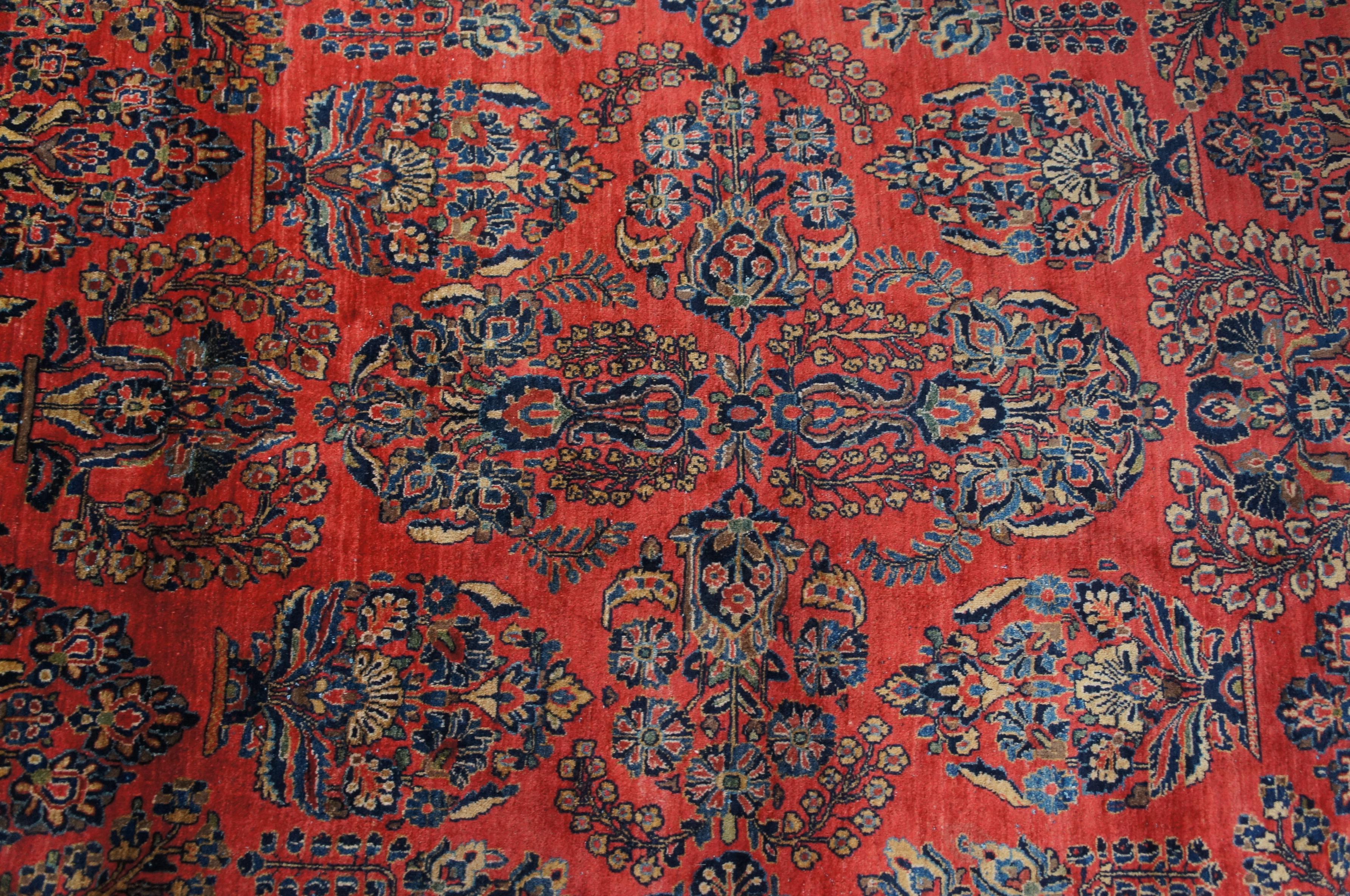 Vintage Persian Sarouk Hand Knotted Red Floral Wool Area Rug Carpet 9' x 12' For Sale 1
