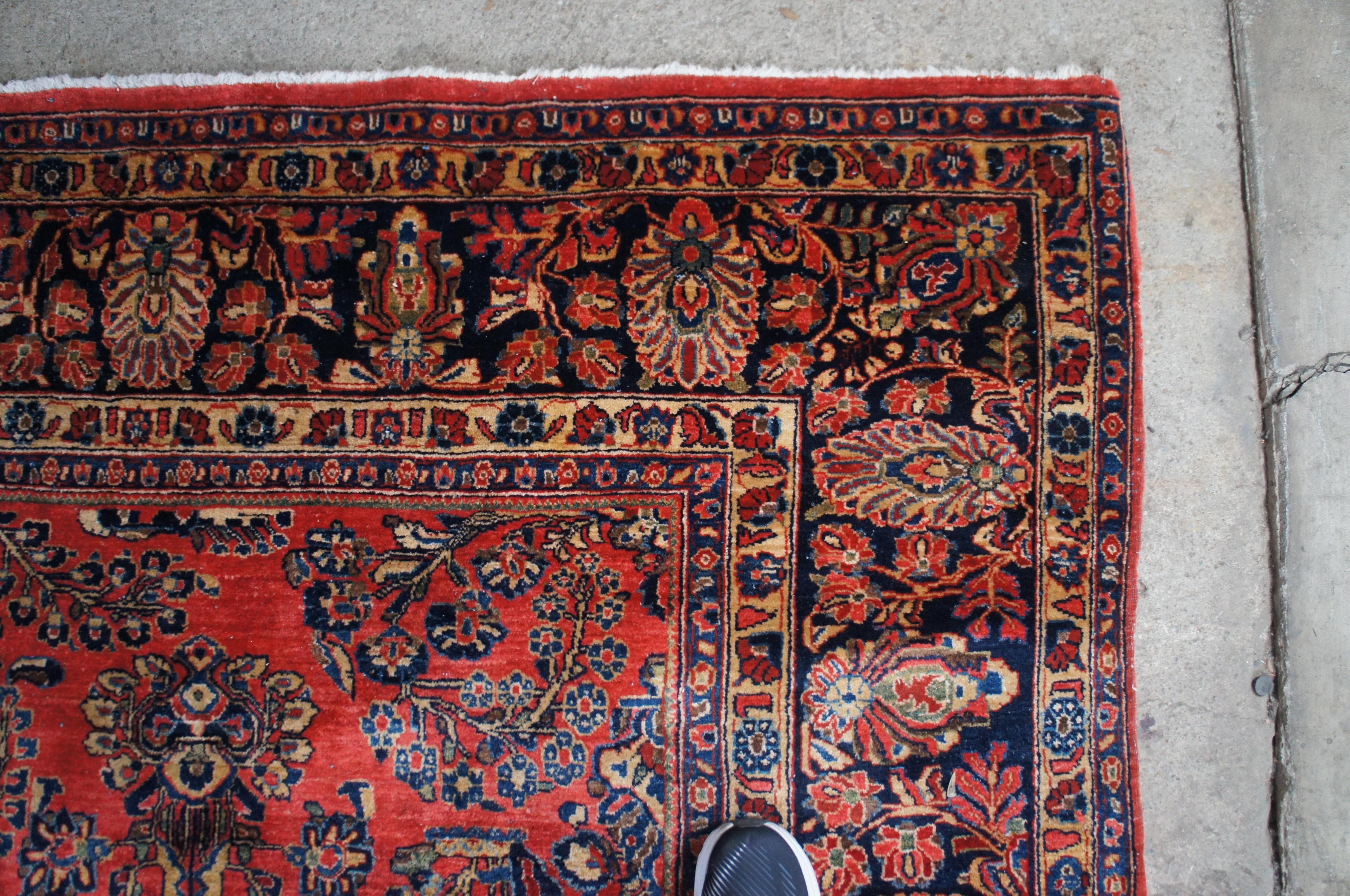 Vintage Persian Sarouk Hand Knotted Red Floral Wool Area Rug Carpet 9' x 12' For Sale 2