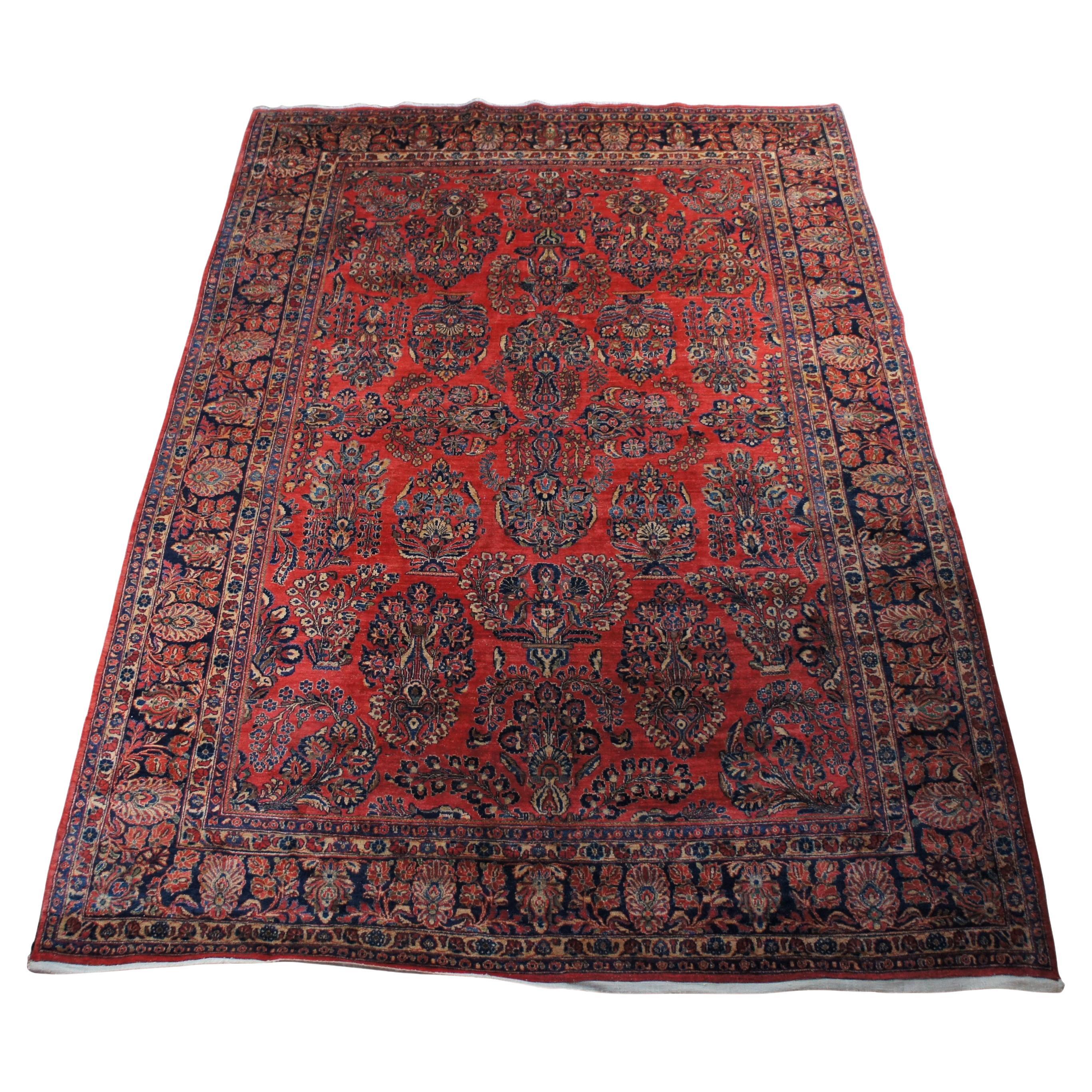 Alfombra persa vintage Sarouk de lana anudada a mano con flores rojas 9' x 12'