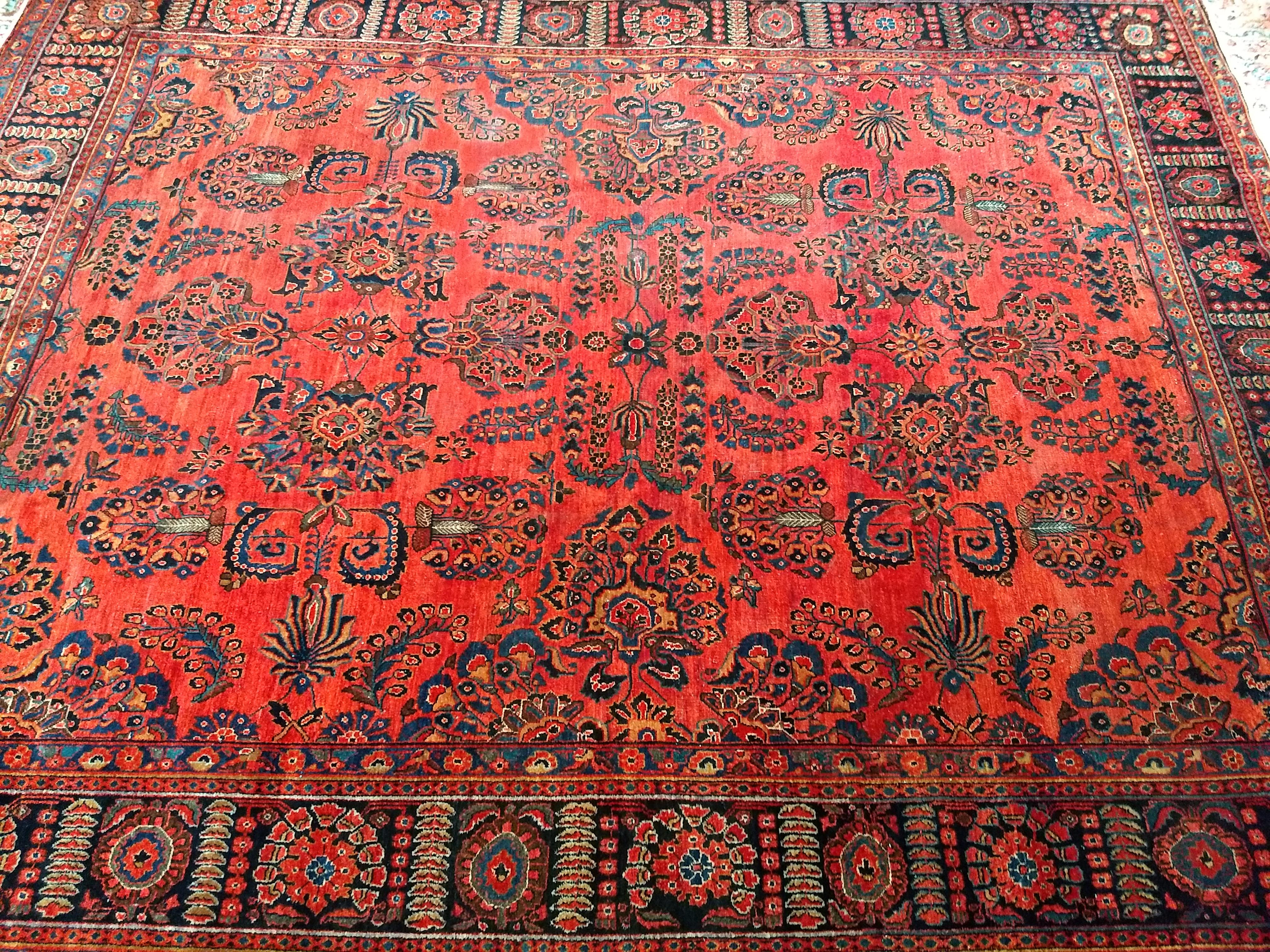 Vintage Persian Sarouk in Allover Pattern in Dark Red, French Blue, Yellow, Pink 6