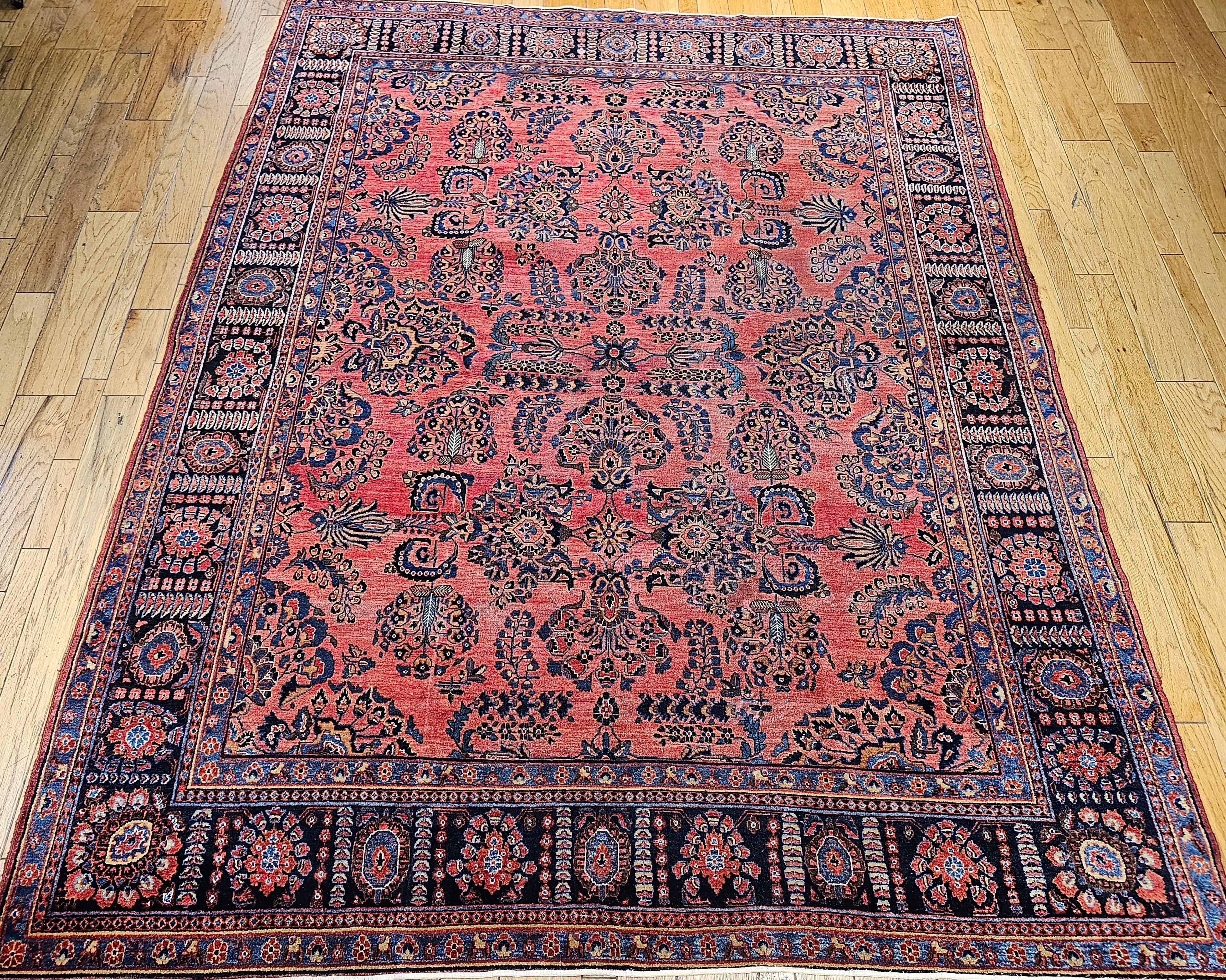 Vintage Persian Sarouk in Allover Pattern in Dark Red, French Blue, Yellow, Pink 12