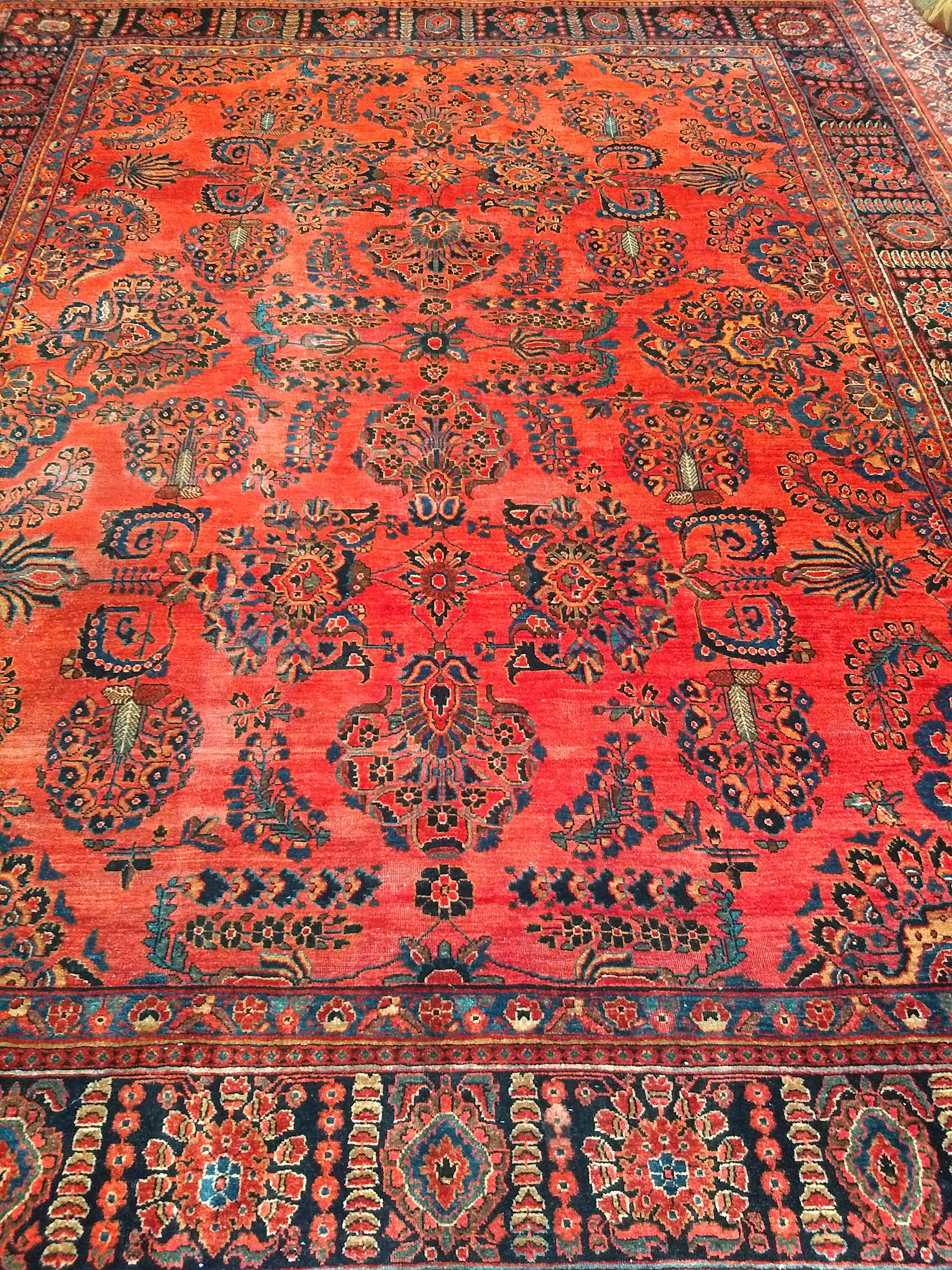 Hand-Woven Vintage Persian Sarouk in Allover Pattern in Dark Red, French Blue, Yellow, Pink